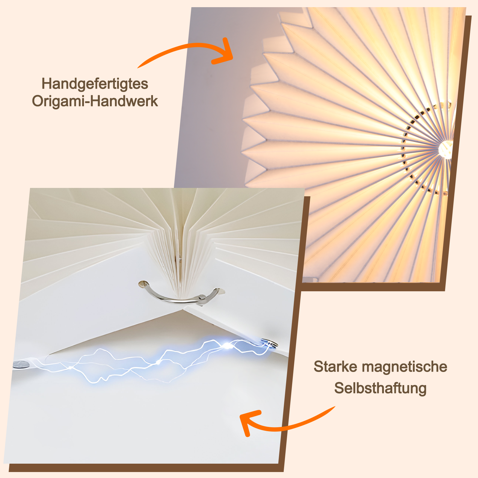 Lámpara origami con cierre magnético. Muestra una vista detallada y una descripción general de la lámpara abierta. Hay colores blancos y naranjas.