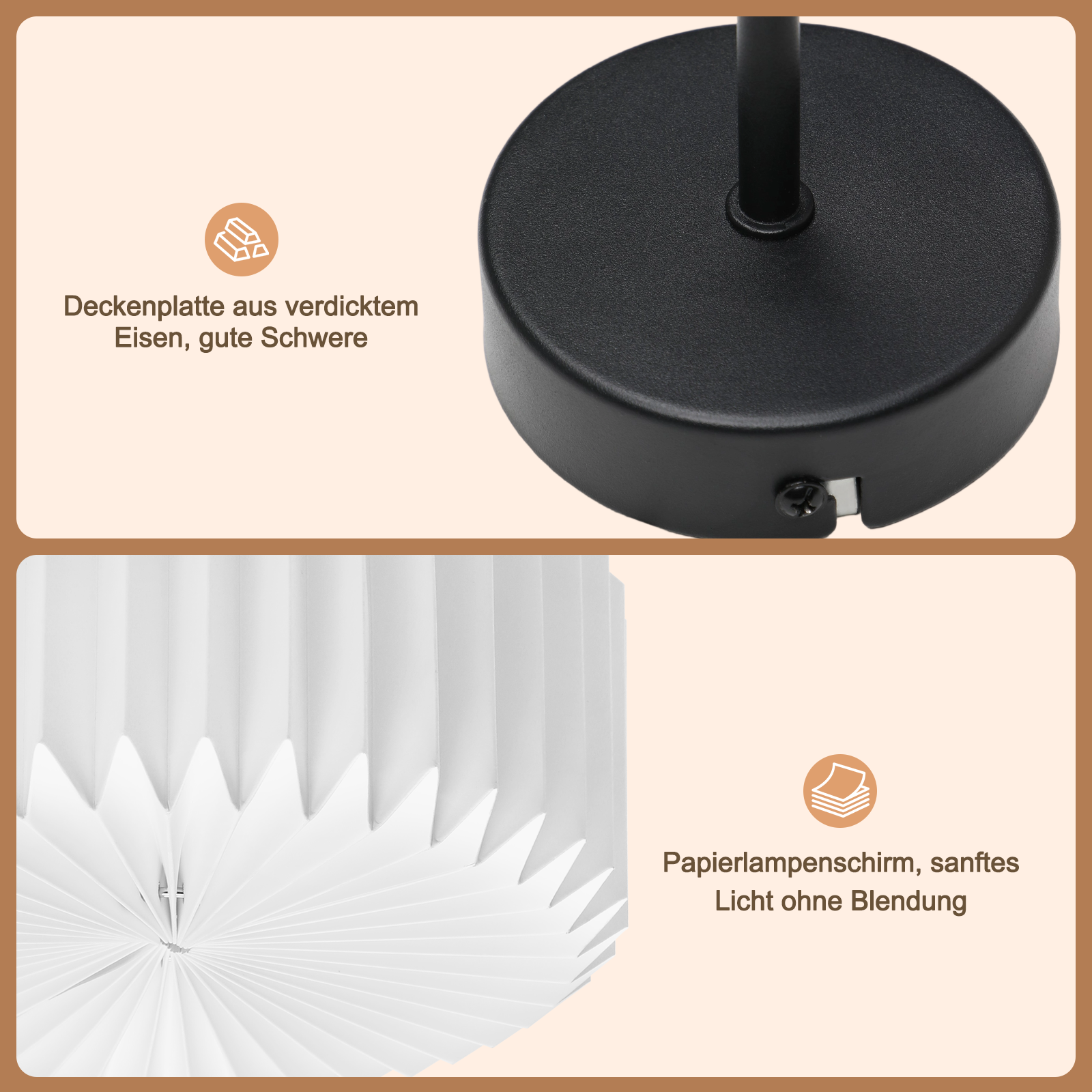 Un primo piano di una lampada. Mostra la base, un cerchio nero e un paralume di carta bianca. Il testo è in tedesco.