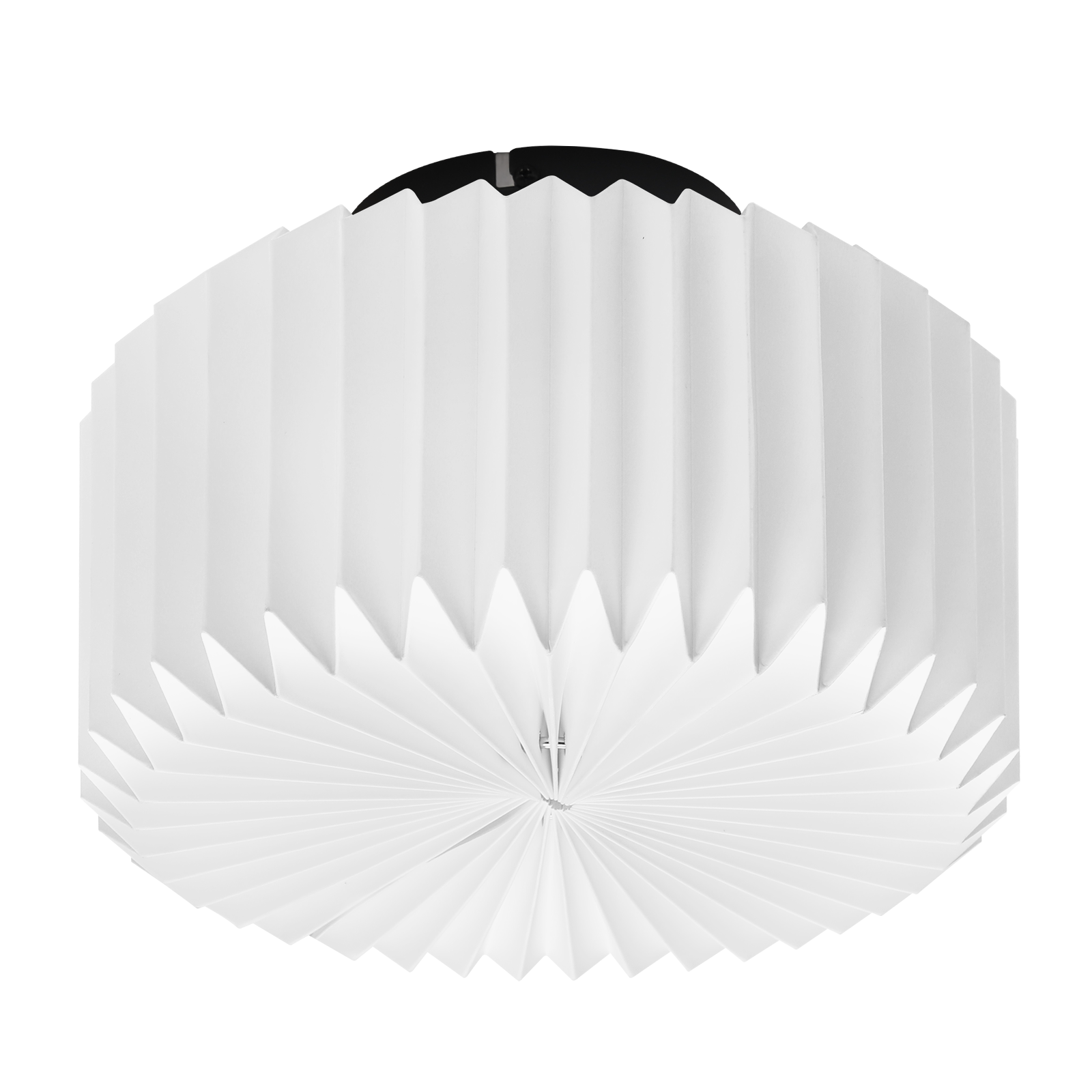Un paralume bianco, simile alla carta, con un design a fisarmonica. La parte superiore è nera, su sfondo bianco.