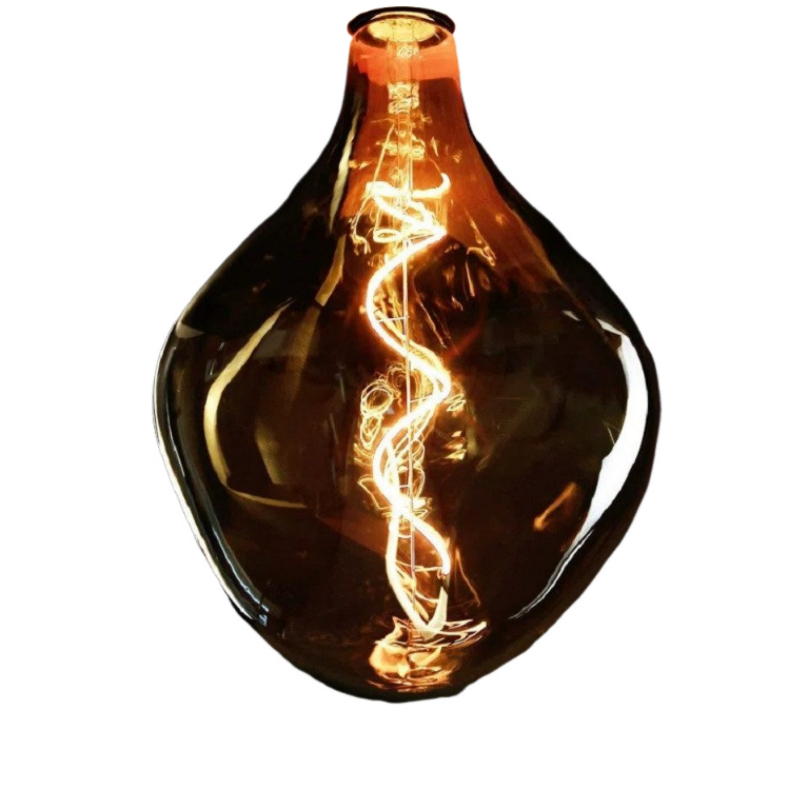 Una lampadina decorativa a forma di goccia con un filamento a spirale luminoso, su sfondo bianco.