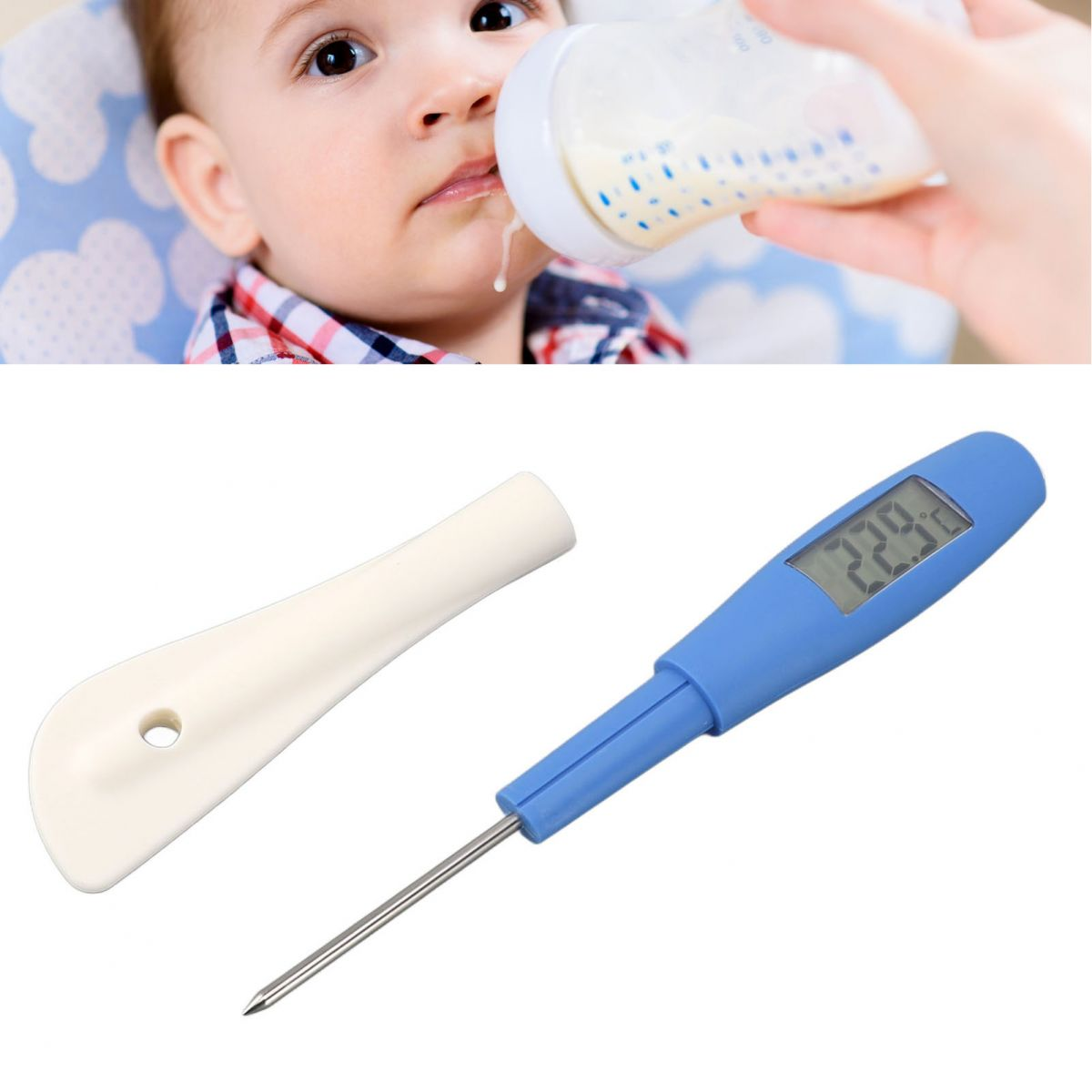 Ein Baby trinkt Milch aus einer Flasche. Ein Thermometer zeigt 22,9 an. Ein weißer Spatel ist vorhanden.