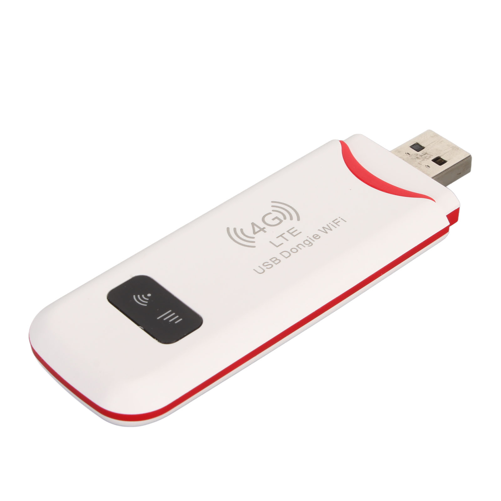 Ein weißer USB-Dongle mit roter Einfassung und einem schwarzen Knopf. Er hat 4G LTE und WiFi-Aufkleber. Der USB-Anschluss ist sichtbar.