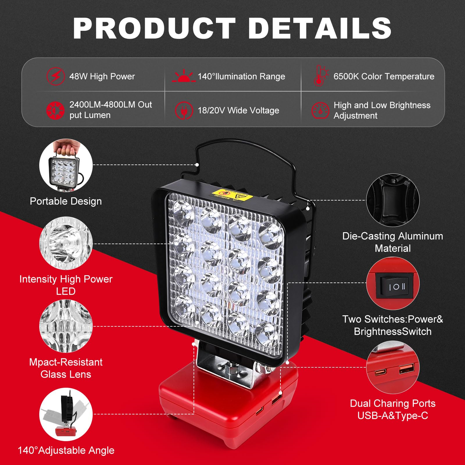 Schwarzes LED-Licht mit roter Basis. Zu den Merkmalen gehören einstellbarer Winkel, doppelte Ladeanschlüsse und ein Ein-/Ausschalter.