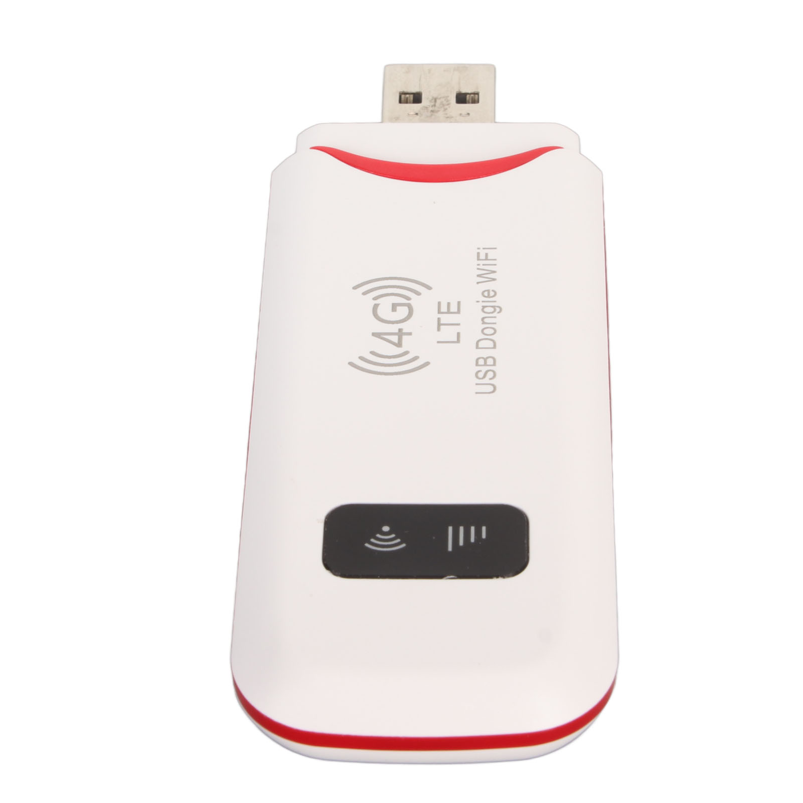 Ein weißer USB-Dongle mit roten Akzenten. Er hat 4G LTE WiFi, eine schwarze Taste und einen USB-Anschluss.