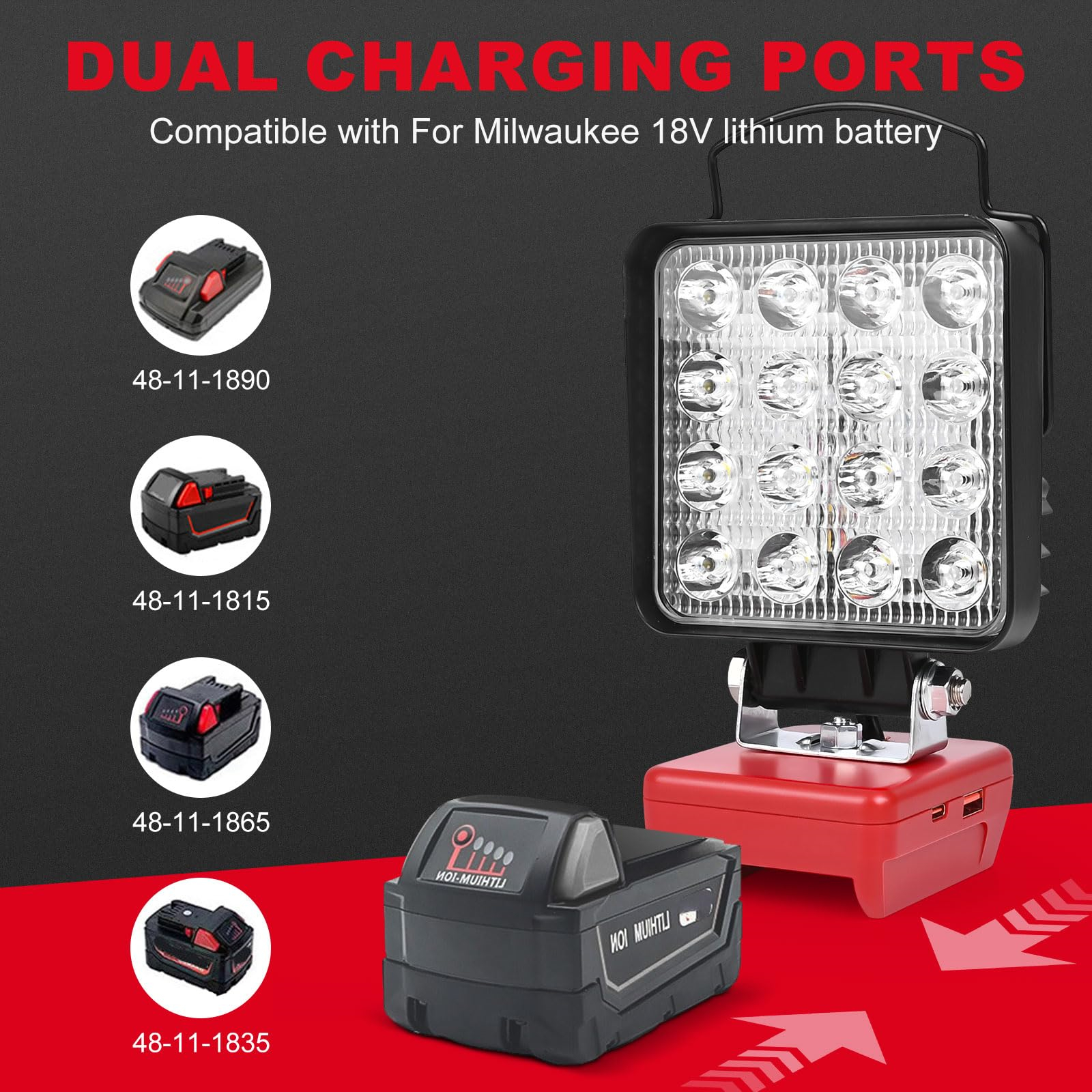 Das Bild zeigt eine LED-Arbeitsleuchte, Batterien und Text über Dual-Ladeanschlüsse für Milwaukee 18V-Batterien.