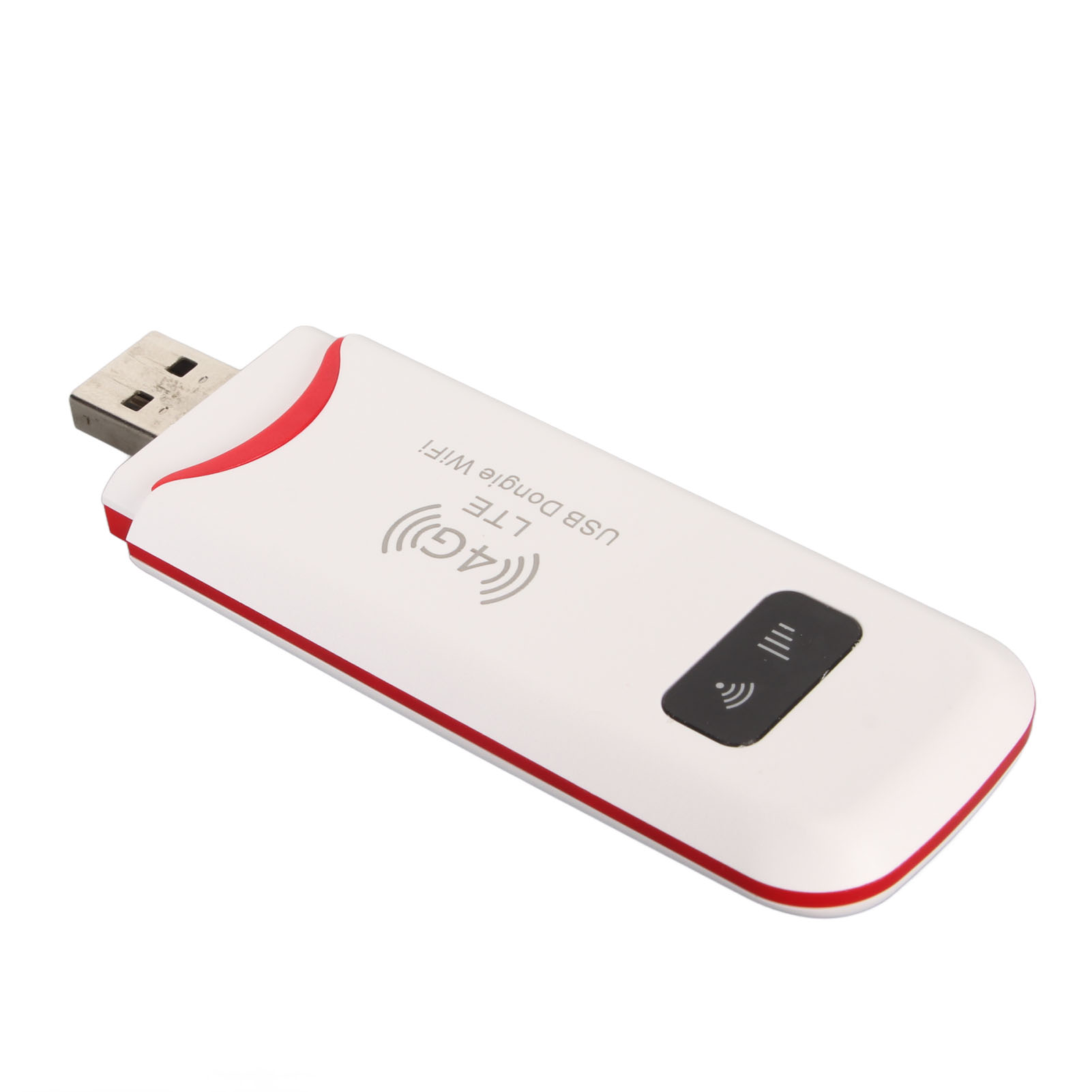 Ein weißer USB-Dongle mit roten Akzenten. Er hat einen USB-Anschluss und einen schwarzen Knopf. LTE- und WLAN-Logos sind sichtbar.