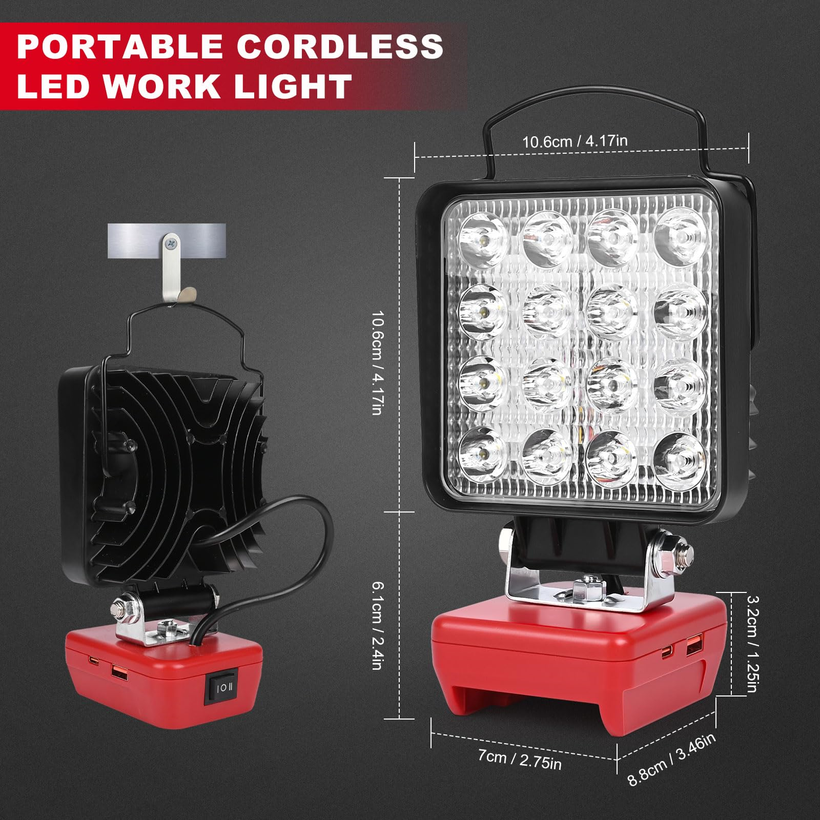 Tragbare LED-Arbeitsleuchte mit Maßen. Enthält ein quadratisches Licht, eine rote Basis und einen Aufhängehaken.