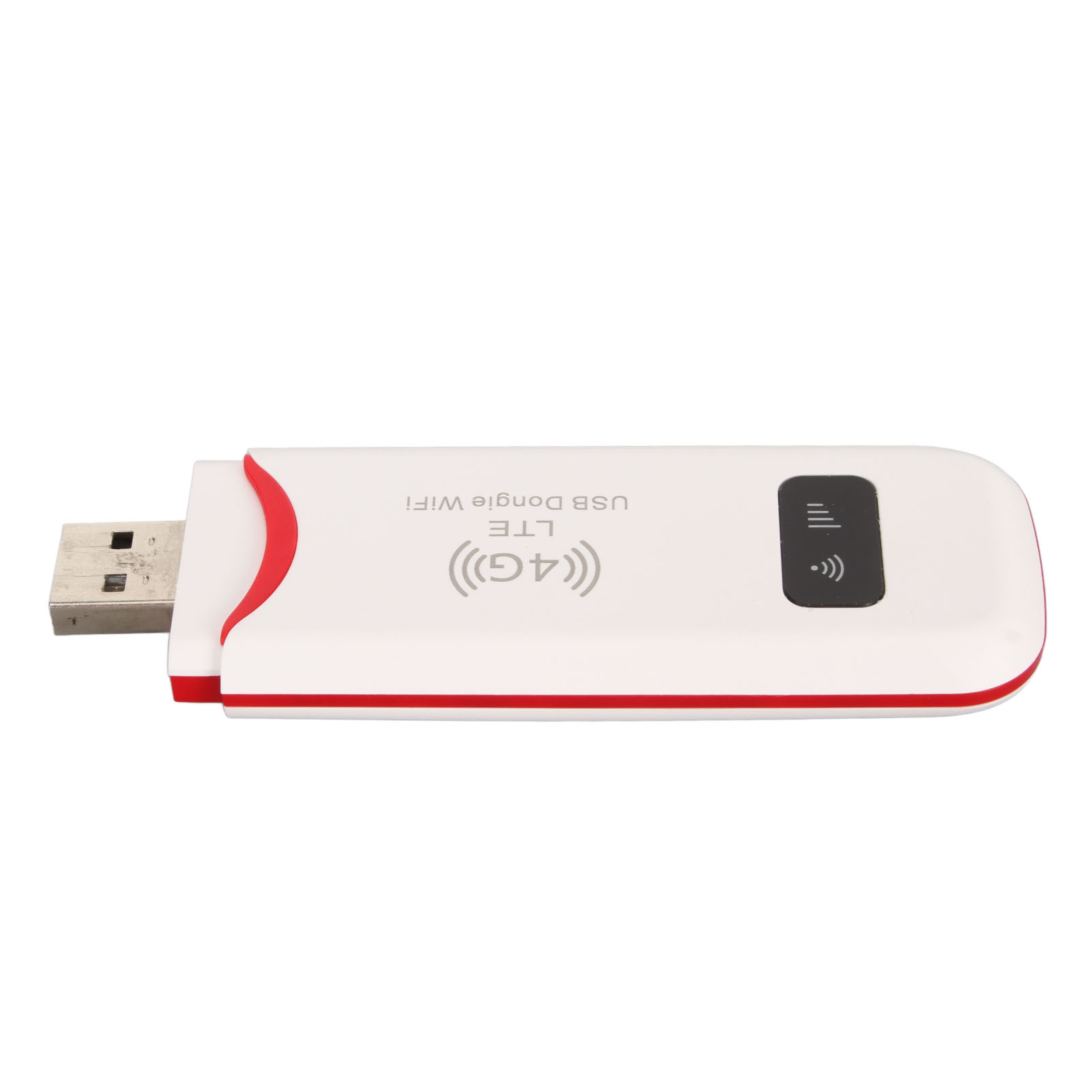 Ein weißer USB-Dongle mit roten Akzenten. Er hat einen USB-Anschluss und eine schwarze Taste. Es ist ein 4G LTE USB WiFi.