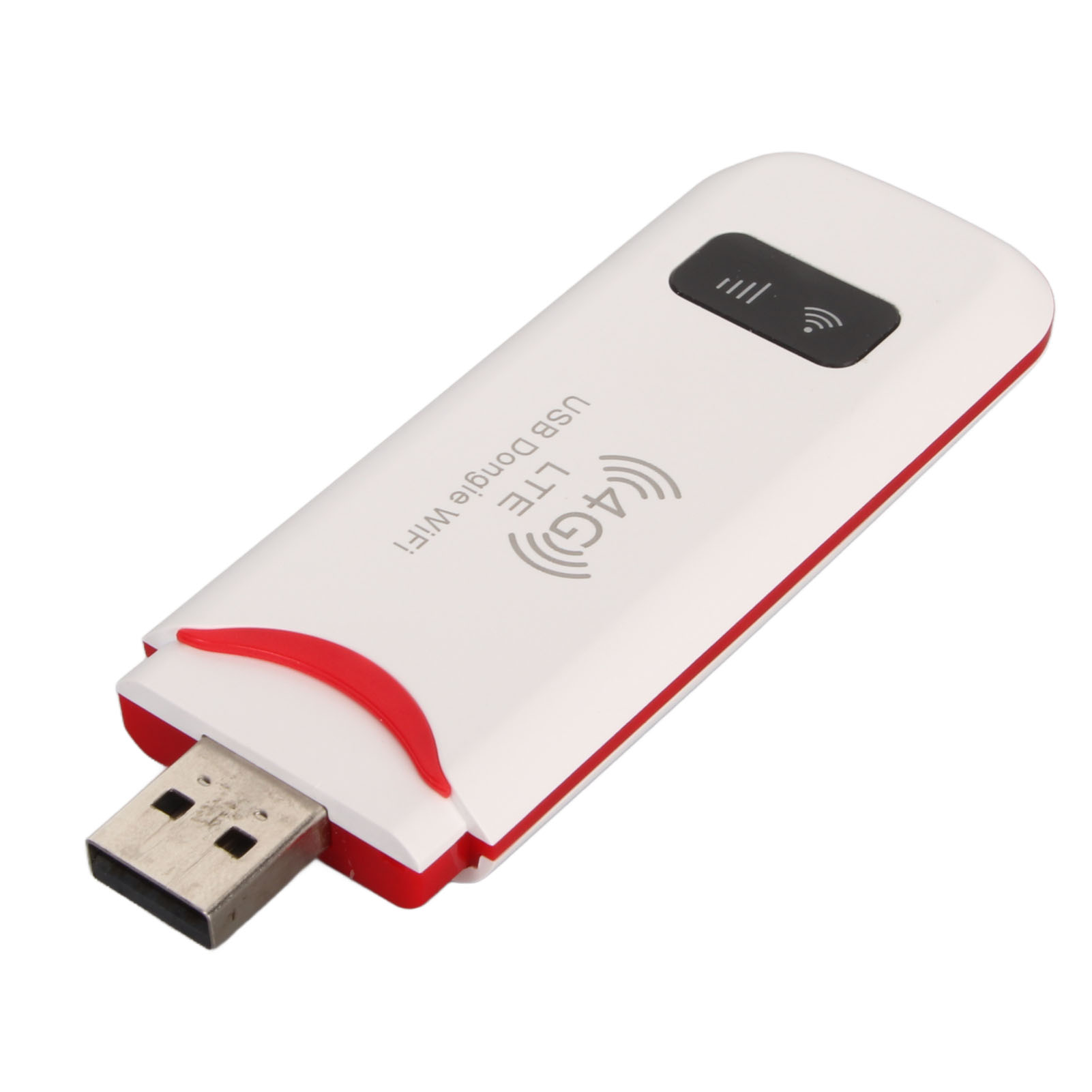 Weißer und roter USB-WLAN-Dongle mit 4G LTE und Signal-Symbolen. USB-Anschluss unten.