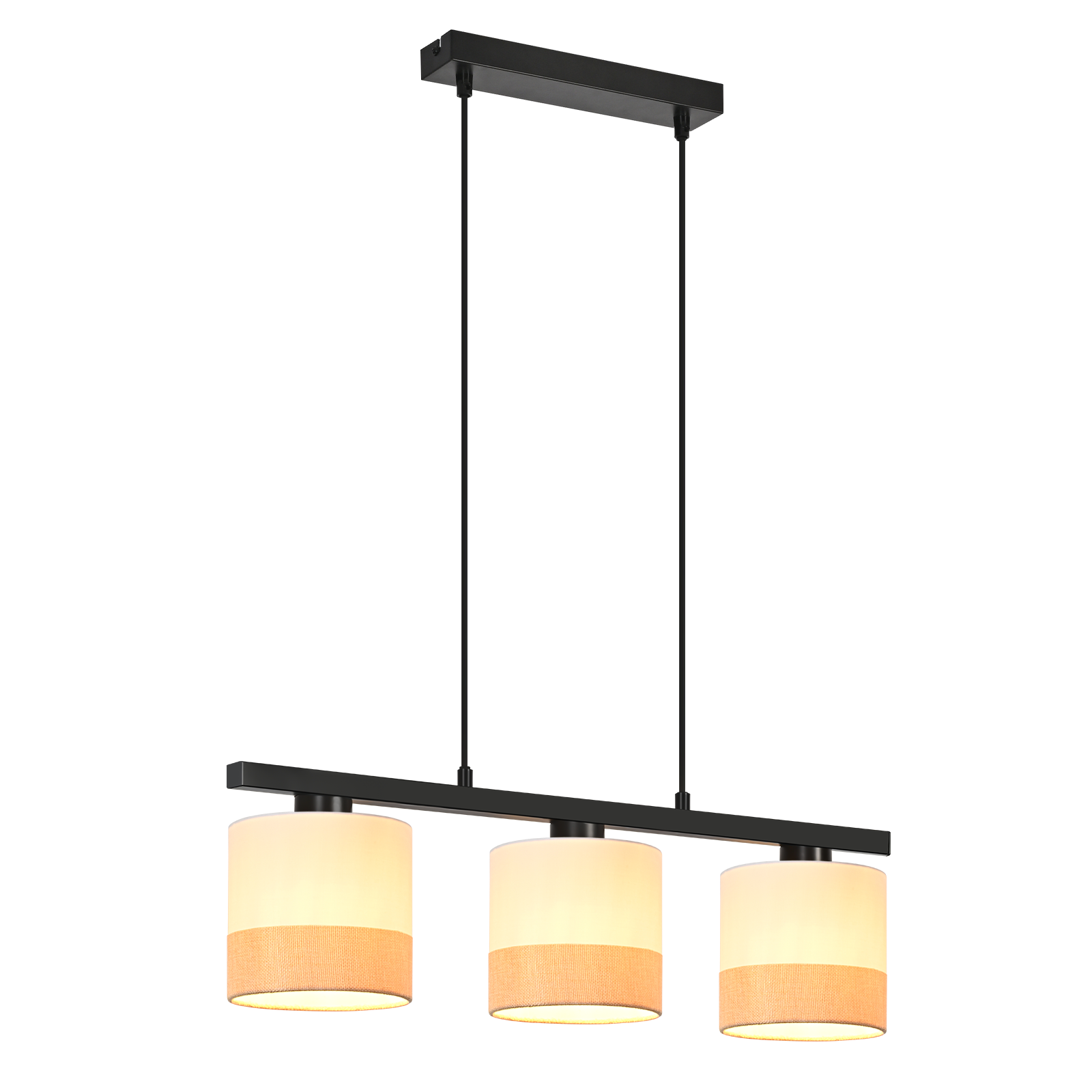 Una moderna lampada da soffitto con tre paralumi cilindrici. Cornice nera e cavi di sospensione. Sfondo bianco.