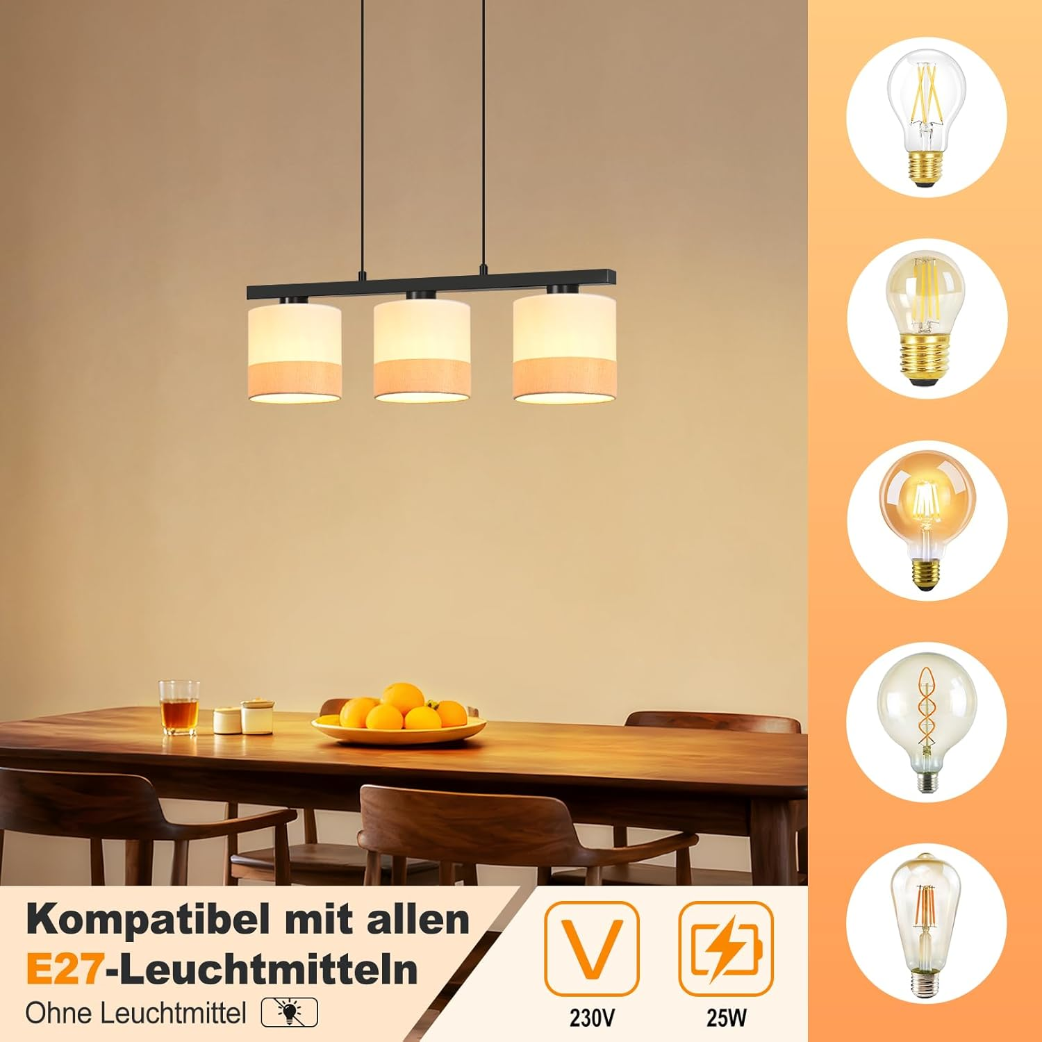 Tavolo da pranzo con lampadario, arance e lampadine. Testo: 'Kompatibel mit allen E27-Leuchtmitteln'.