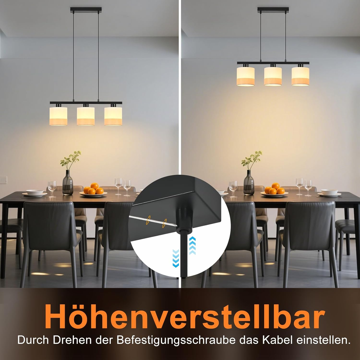 Scena sala da pranzo. Lampadario nero sopra tavolo. Testo in basso: 'Höhenverstellbar'.