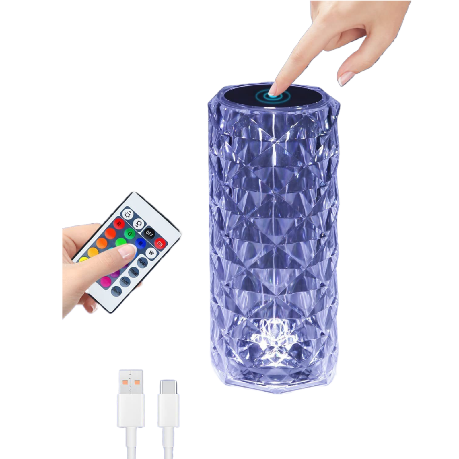 Una mano tocca una lampada touch. Un telecomando è accanto. I cavi USB sono in basso. La lampada ha una forma a diamante.