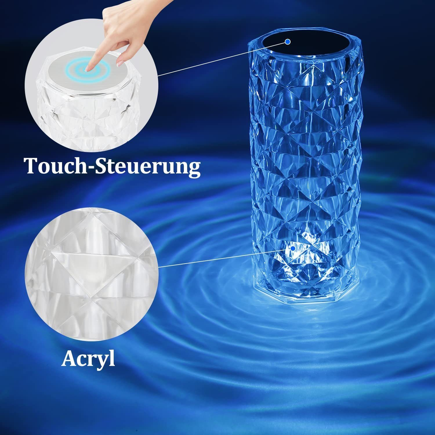 Una mano tocca una lampada touch. La lampada è blu, con design cristallino. Testi: 'Touch-Steuerung', 'Acryl'.