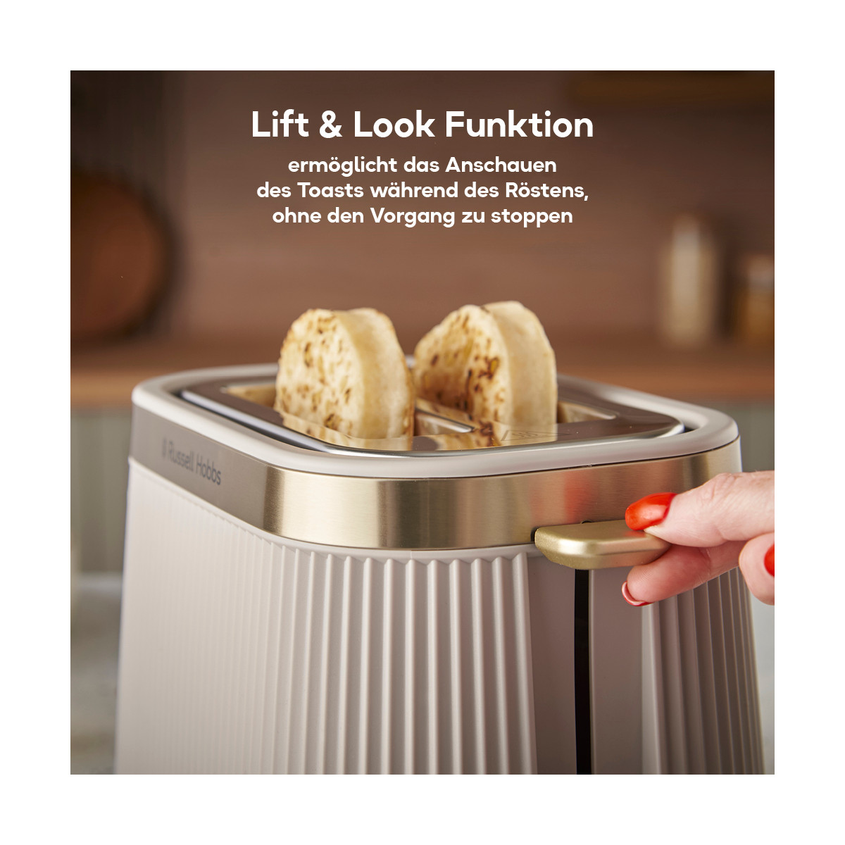 Toaster mit geröstetem Brot. Eine Hand zieht den Hebel. Text: 'Lift & Look Funktion'.
