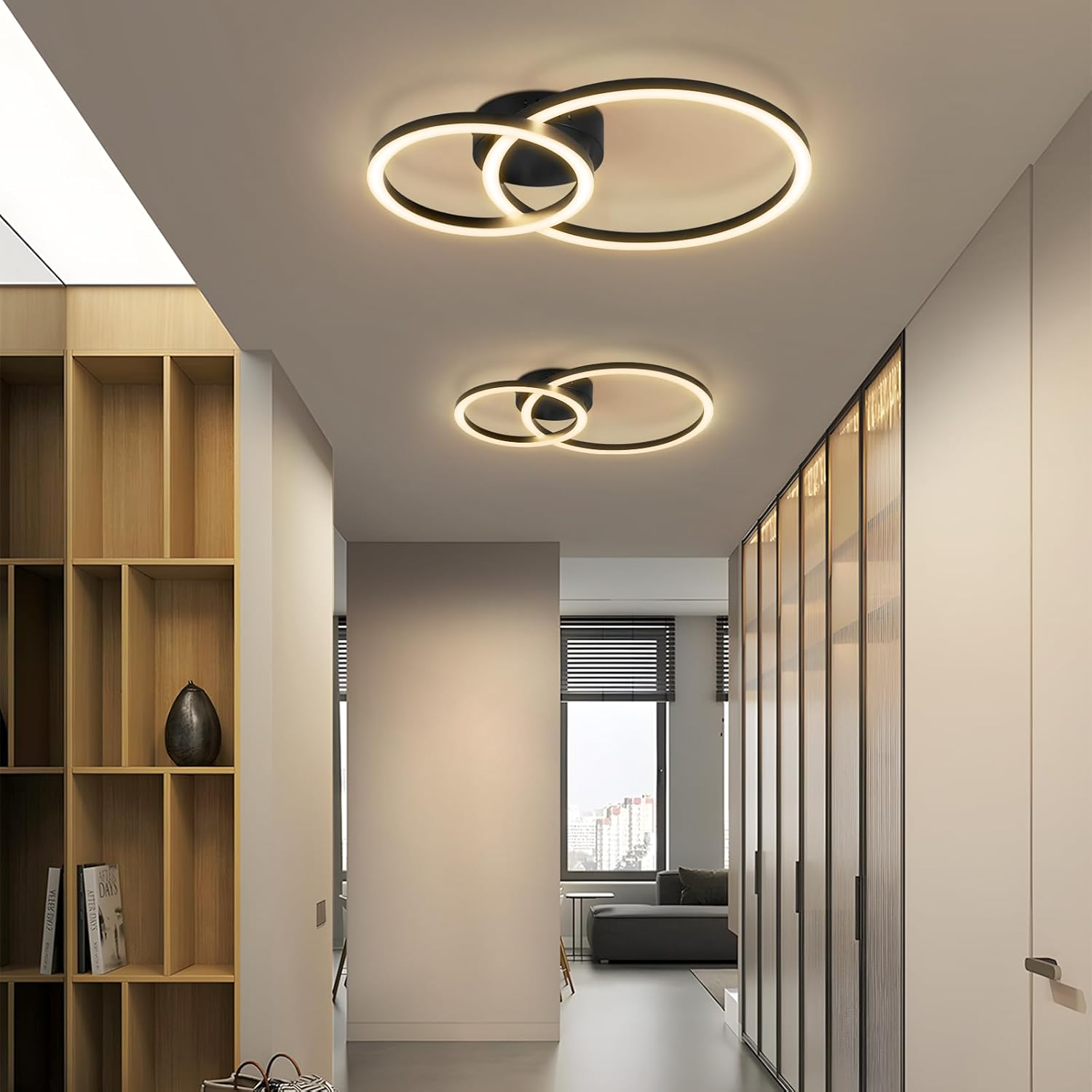 Un corridoio moderno con due luci a soffitto circolari. Un armadio in legno a sinistra e una porta a vetri a destra.