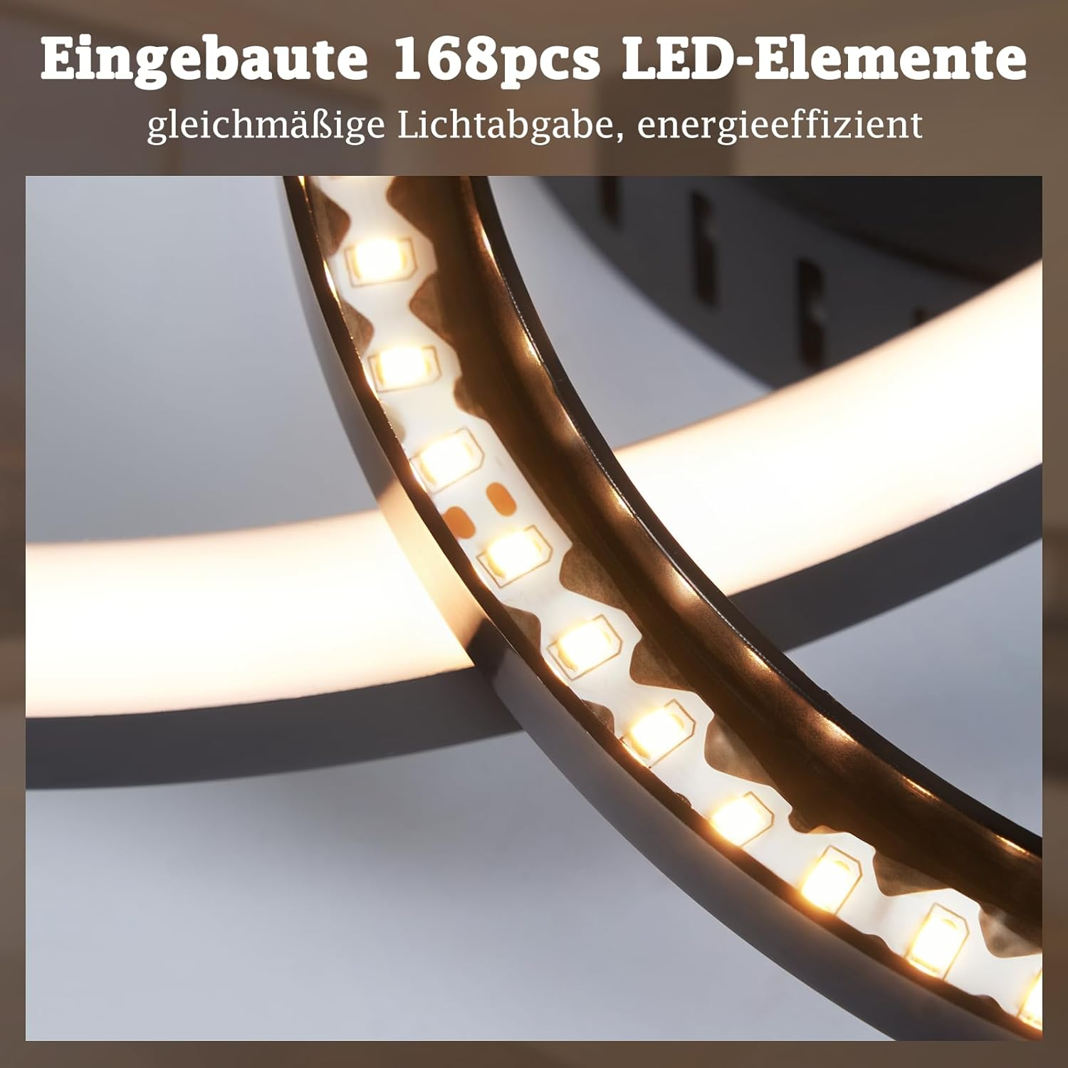 Primo piano di una lampada a LED a forma di anello con luci integrate. La lampada è marrone e bianca. Lo sfondo è una sfumatura di marrone e bianco.