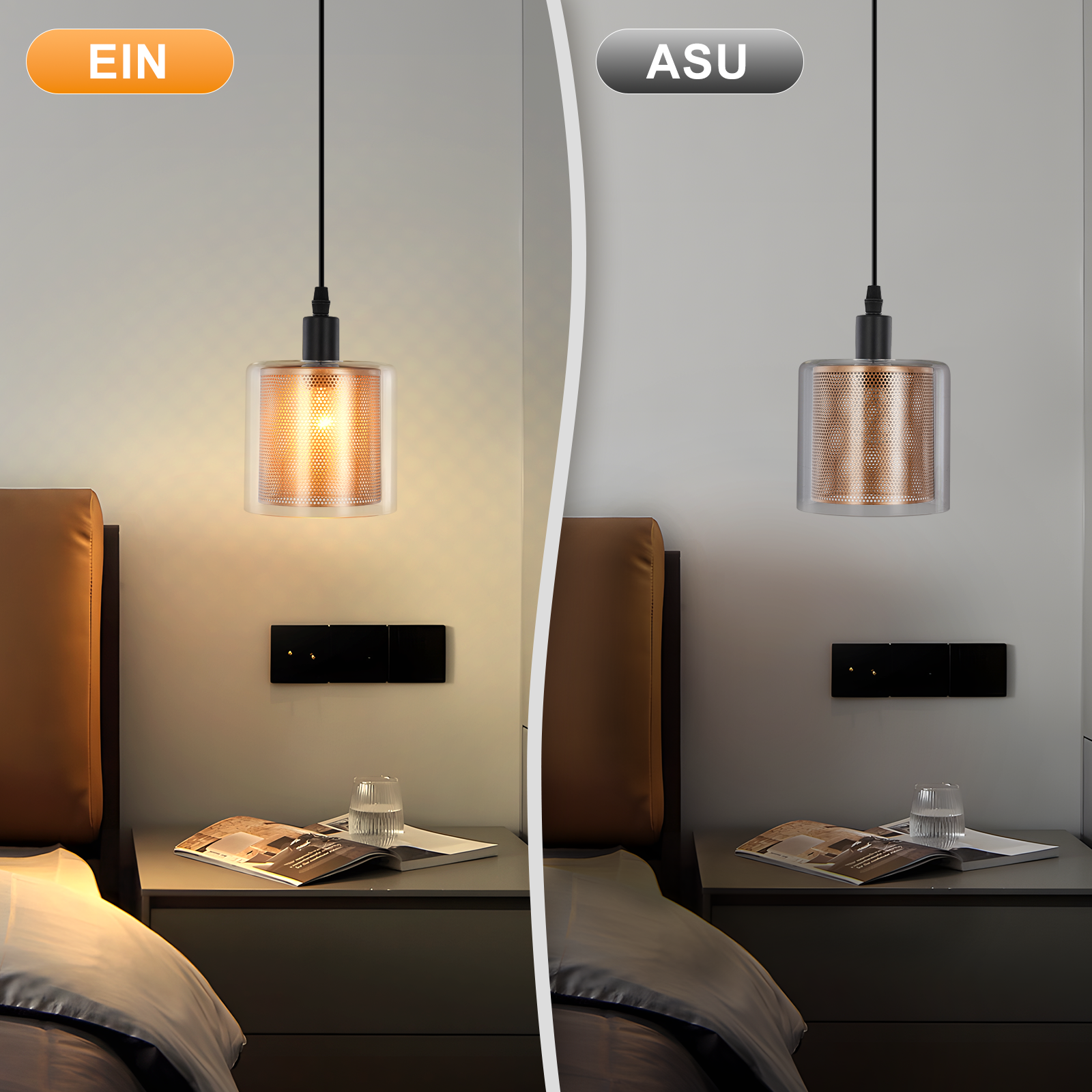 Una lampada a sospensione con paralume in rame perforato è sospesa sopra un comodino. L'illuminazione della stanza è divisa.