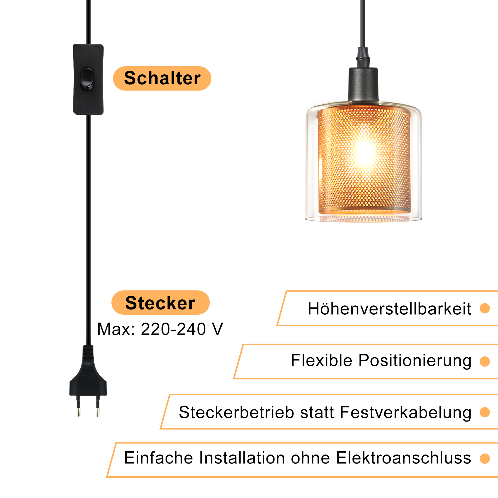 Una lampada a sospensione con interruttore e spina. Ha un paralume in vetro e una rete metallica all'interno. Sono presenti etichette di testo.