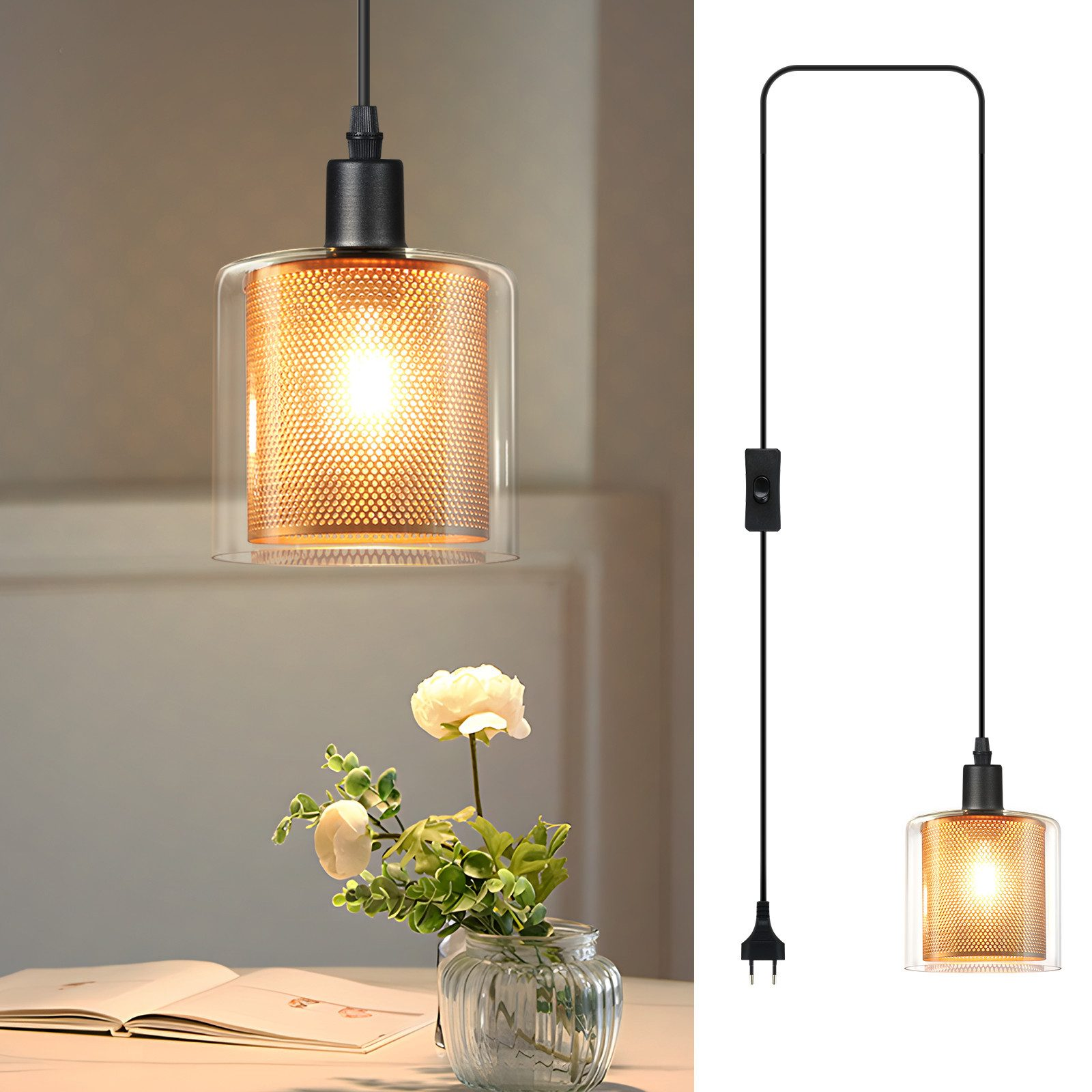 Una lampada a sospensione con una lampadina accesa, un vaso di fiori e un libro su un tavolo. La lampada ha un cavo di alimentazione e un interruttore.