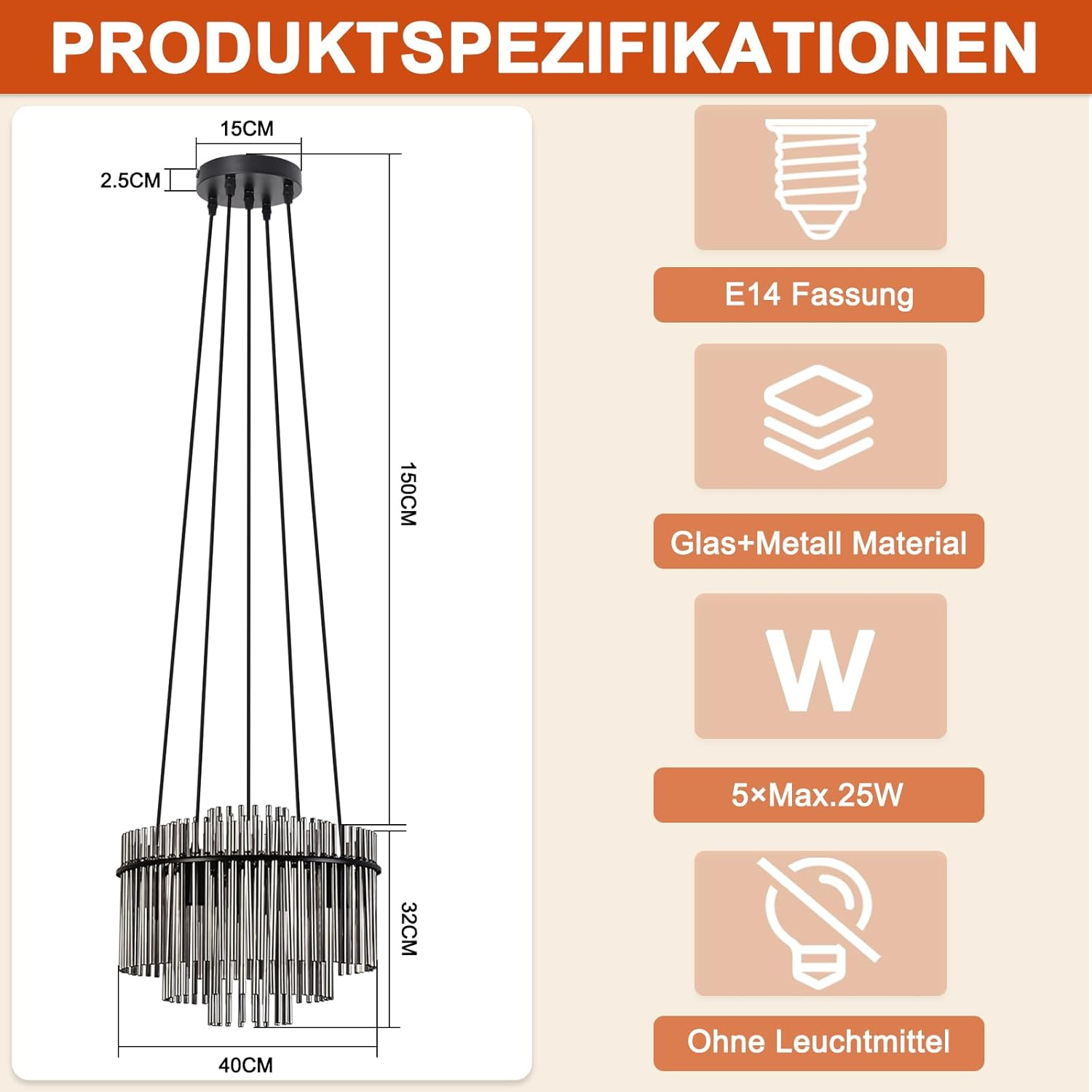 Diagramma di un lampadario con dimensioni. Ha una base nera, fili lunghi e un paralume cilindrico di cristallo.