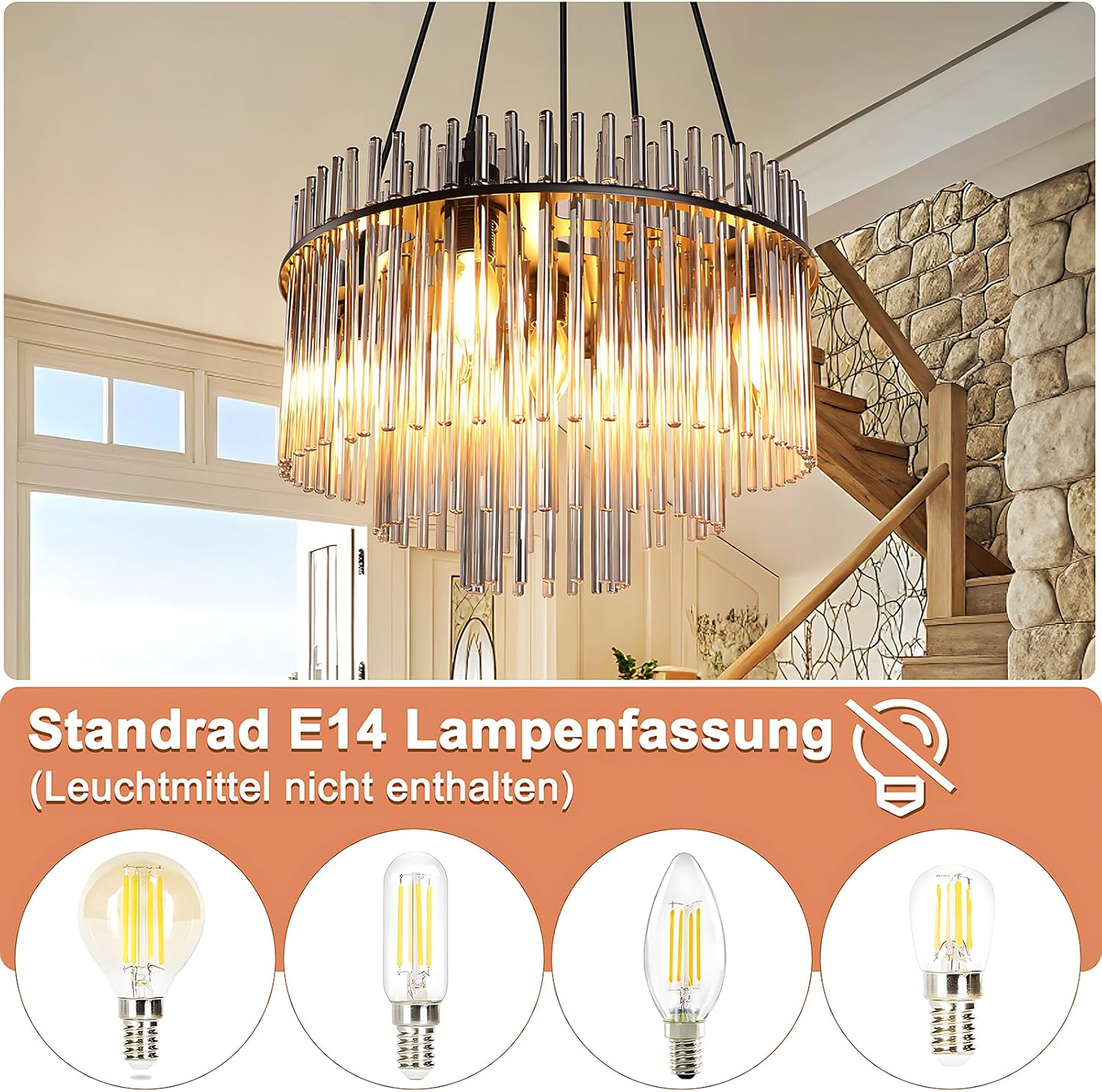 Un lampadario con aste di vetro è sospeso sopra le lampadine. Sotto, testo e immagini di diverse lampadine.