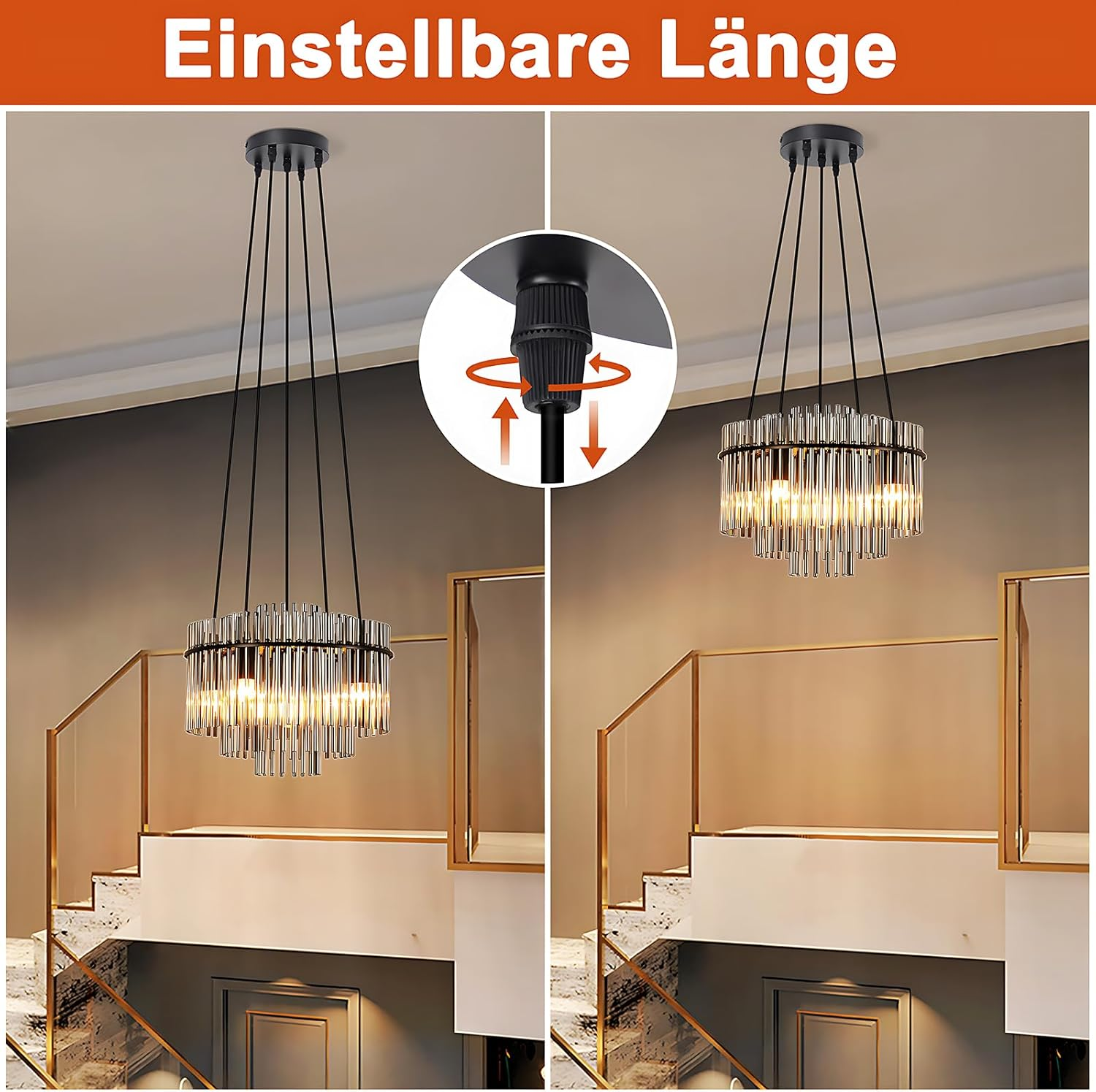 L'immagine mostra due lampadari con lunghezza regolabile, un primo piano del meccanismo di regolazione e una scala sullo sfondo.