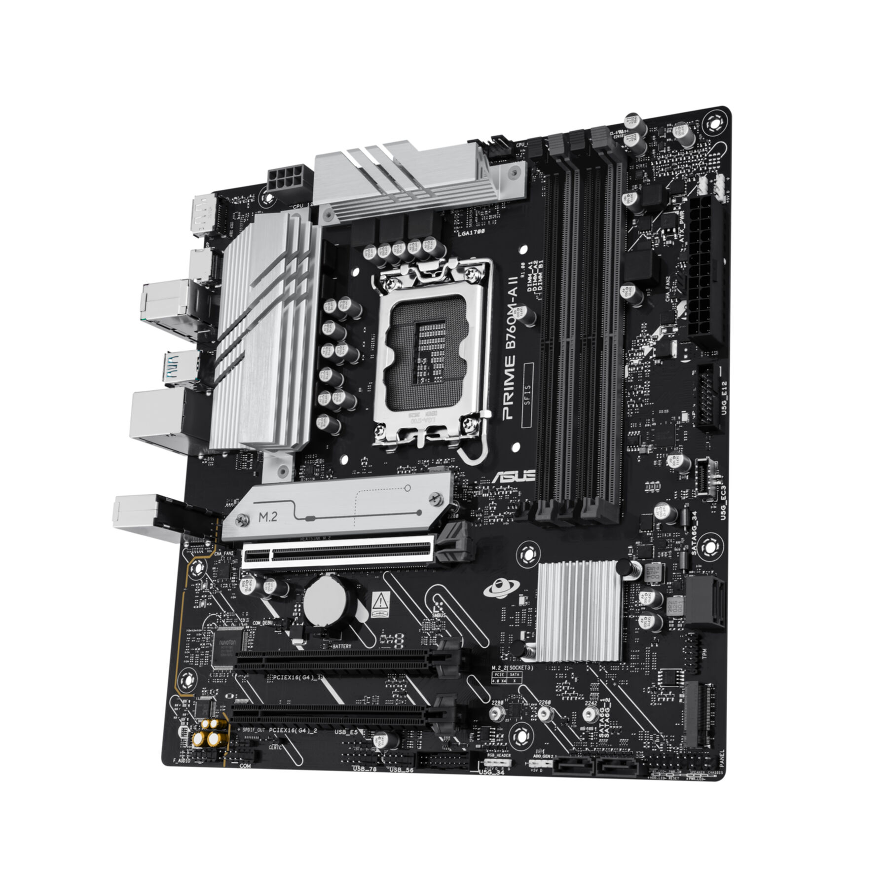 Schwarzes Motherboard mit silbernen Kühlkörpern, Steckplätzen und Anschlüssen. CPU-Sockel in der Mitte. ASUS Prime B760M-A II.