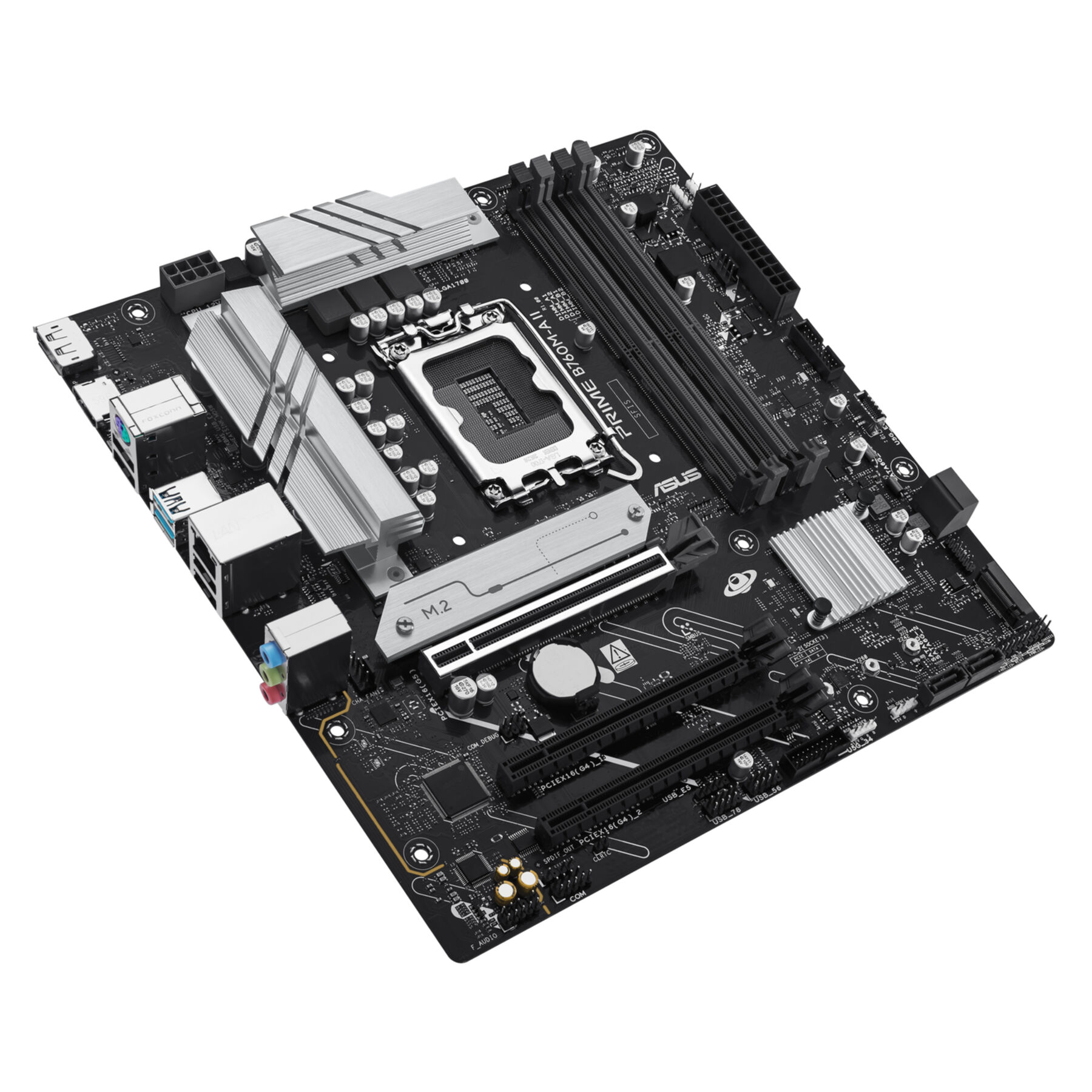 Schwarzes Motherboard mit silbernen Kühlkörpern, Steckplätzen und Anschlüssen. ASUS Prime B760M-A II sichtbar.