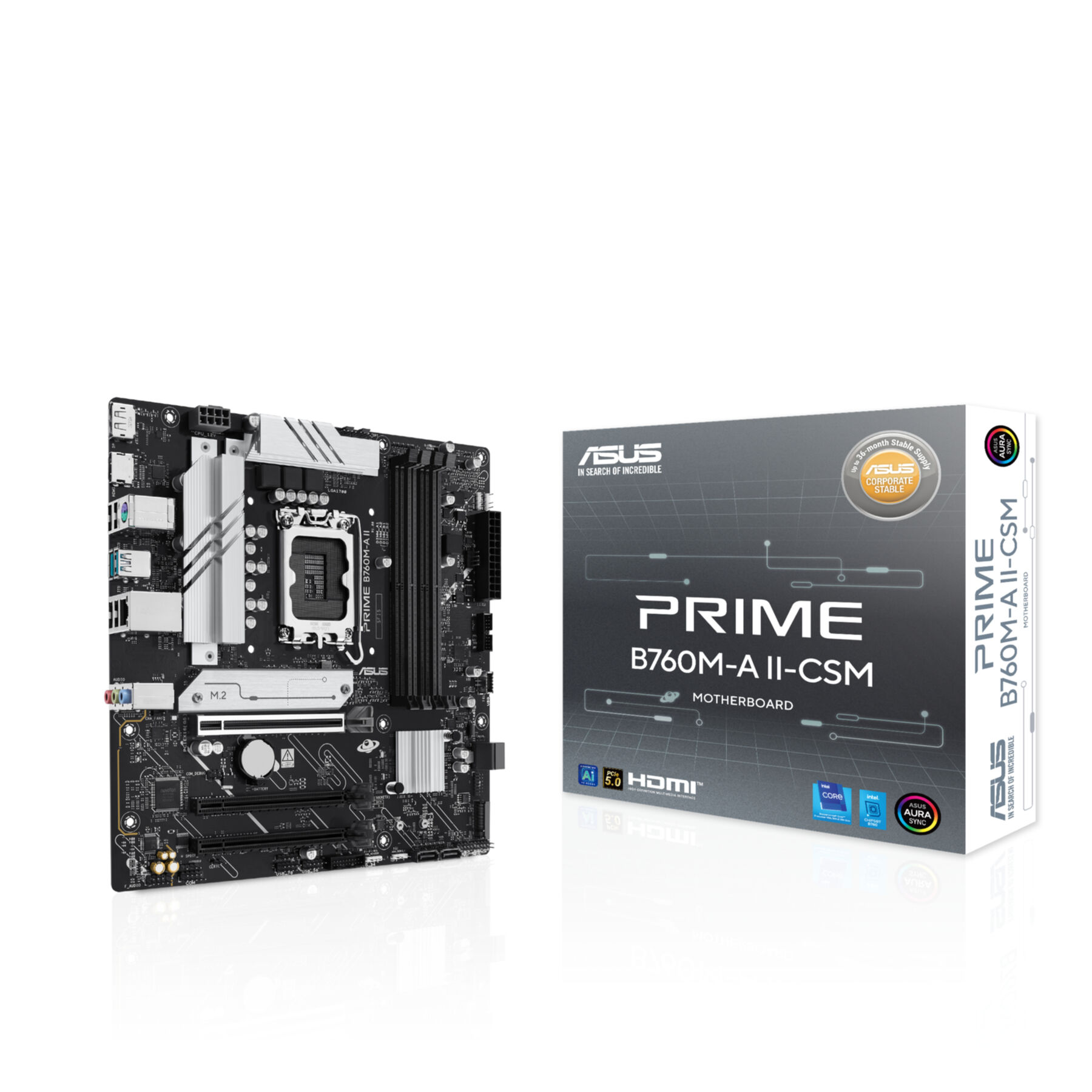Ein ASUS Prime B760M-A II-CSM-Motherboard und seine Box werden vor weißem Hintergrund gezeigt.