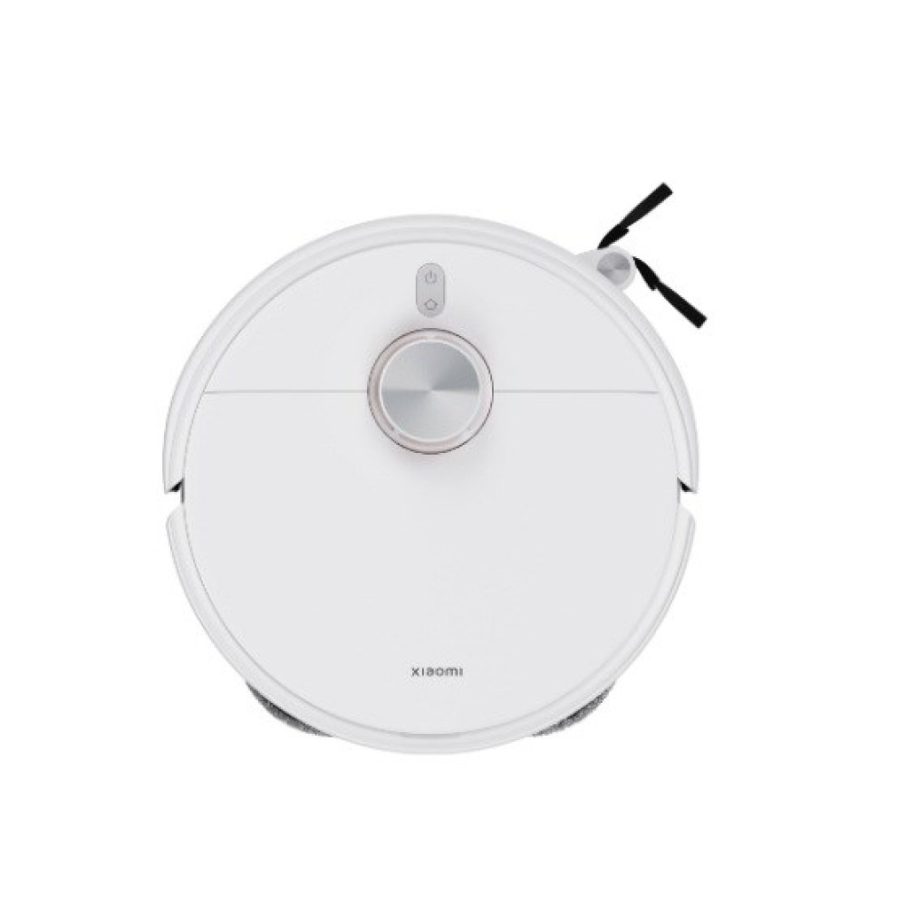 Een witte, cirkelvormige robotstofzuiger. Hij heeft een centrale knop, een aan/uit-knop en twee zwarte borstels. De merknaam 'xiaomi' is zichtbaar.