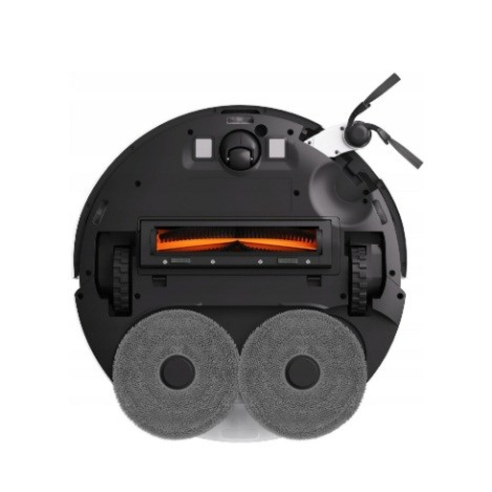 Een zwarte robotstofzuiger van onderaf gezien. Hij heeft twee grijze ronde pads, een centrale borstel en twee zijborstels.