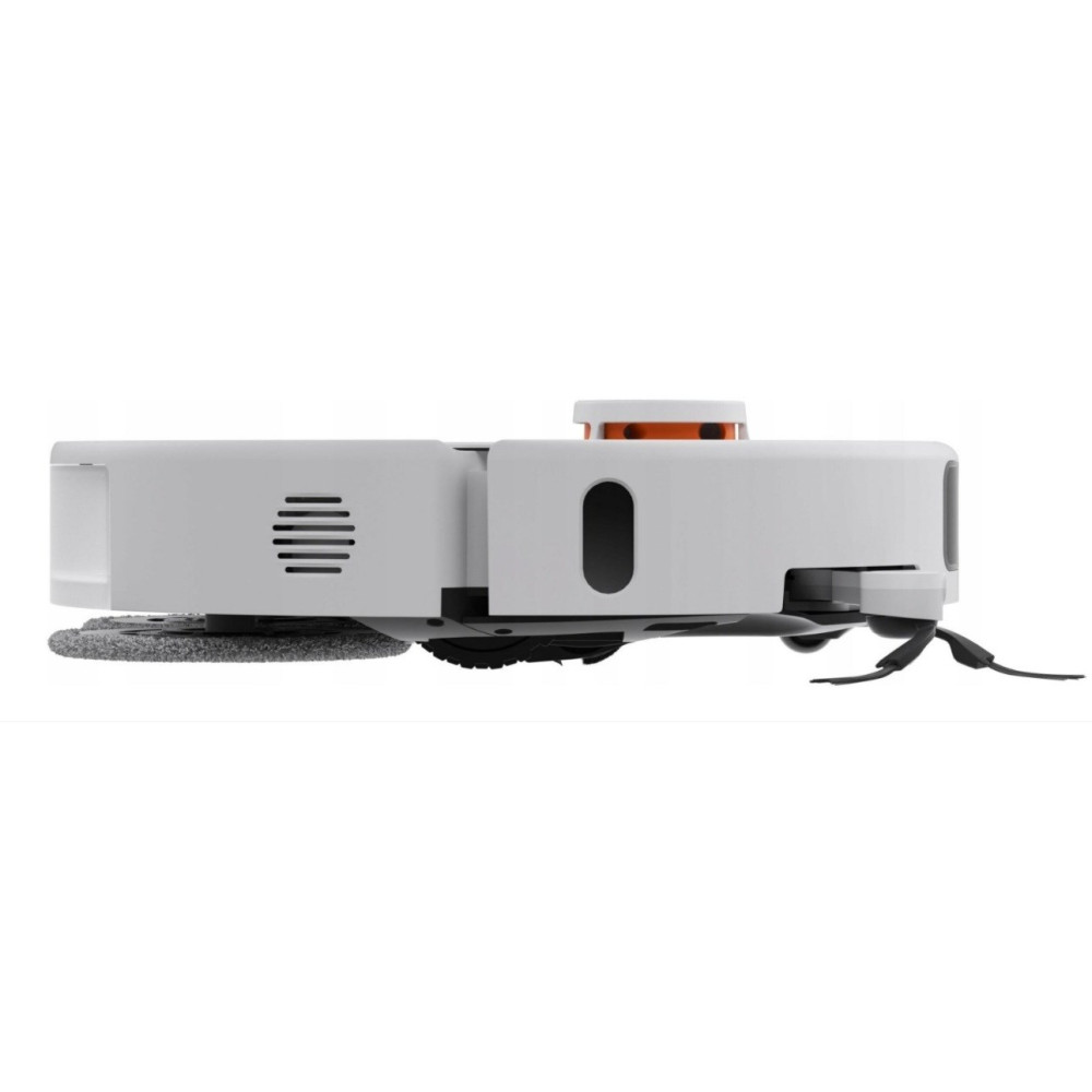 Een witte robotstofzuiger, zijaanzicht. Het heeft een ronde bovenkant, een ventilatieopening en een reinigingspad.