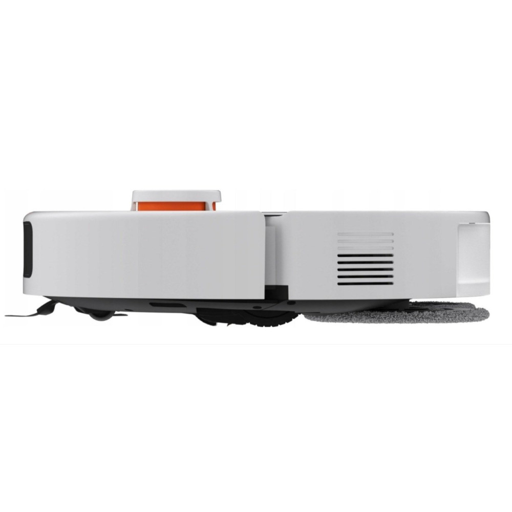 Zijaanzicht van een witte robotstofzuiger. Het heeft een grijze reinigingspad, een oranje bovenkant en zwarte details.