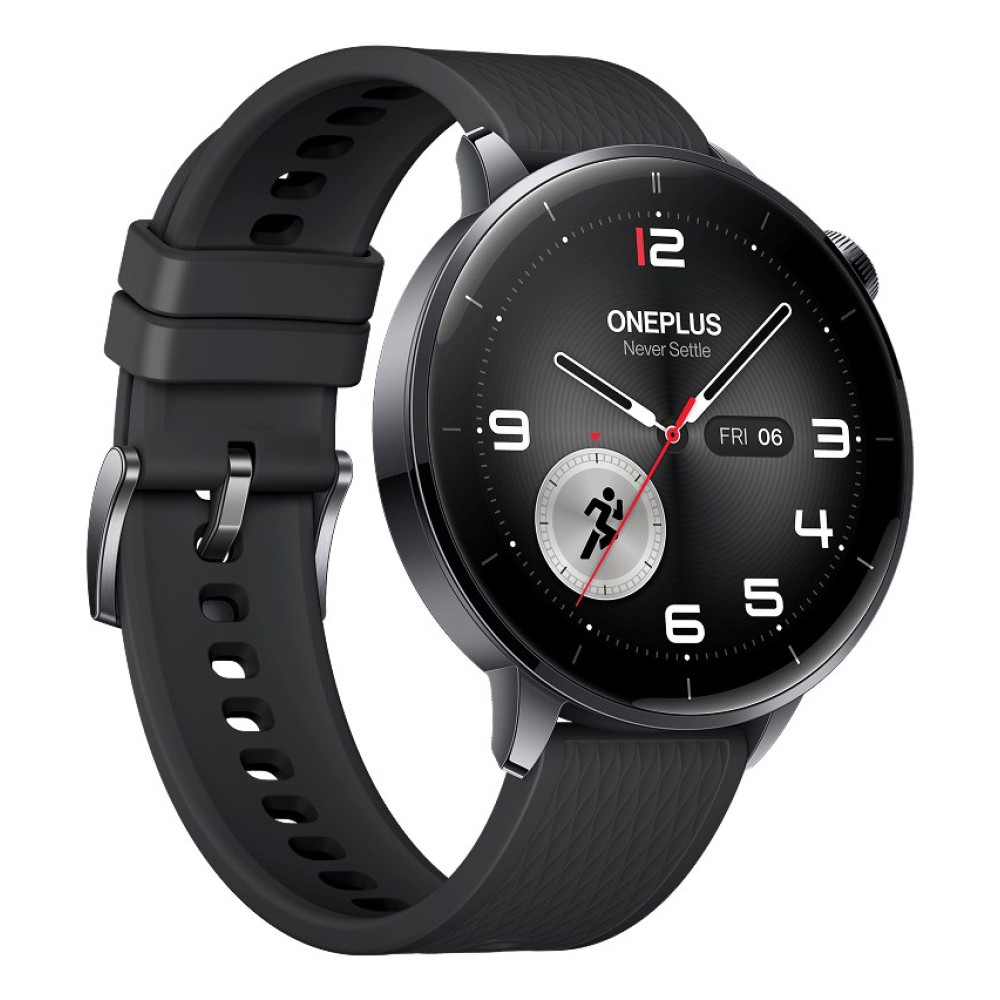Un reloj inteligente OnePlus negro con esfera redonda, correa negra y hebilla plateada. El reloj muestra la hora y la fecha.
