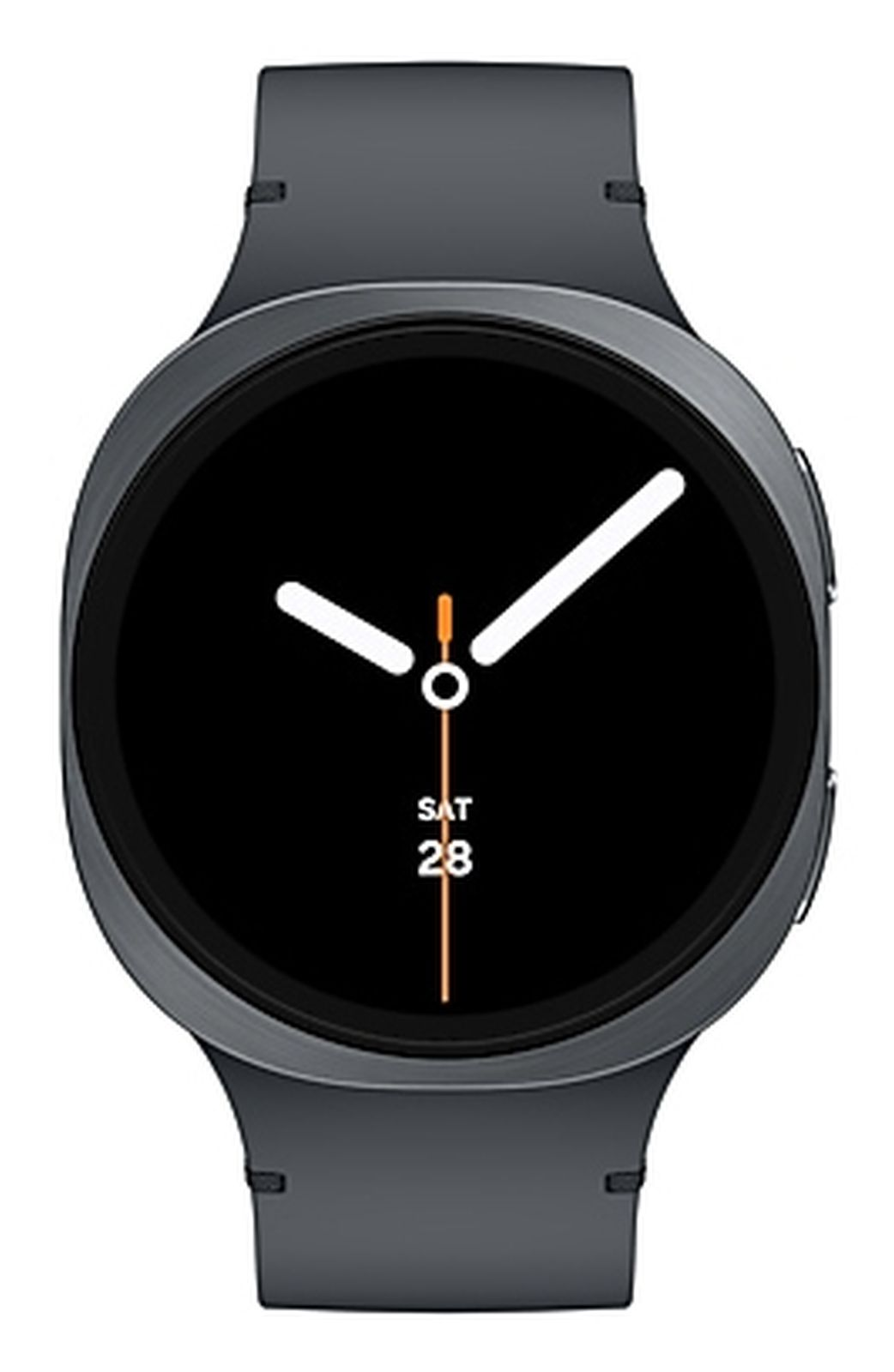 Eine dunkle Smartwatch mit schwarzem Zifferblatt, weißen Zeigern und Datumsanzeige. Die Uhr hat ein graues Armband.