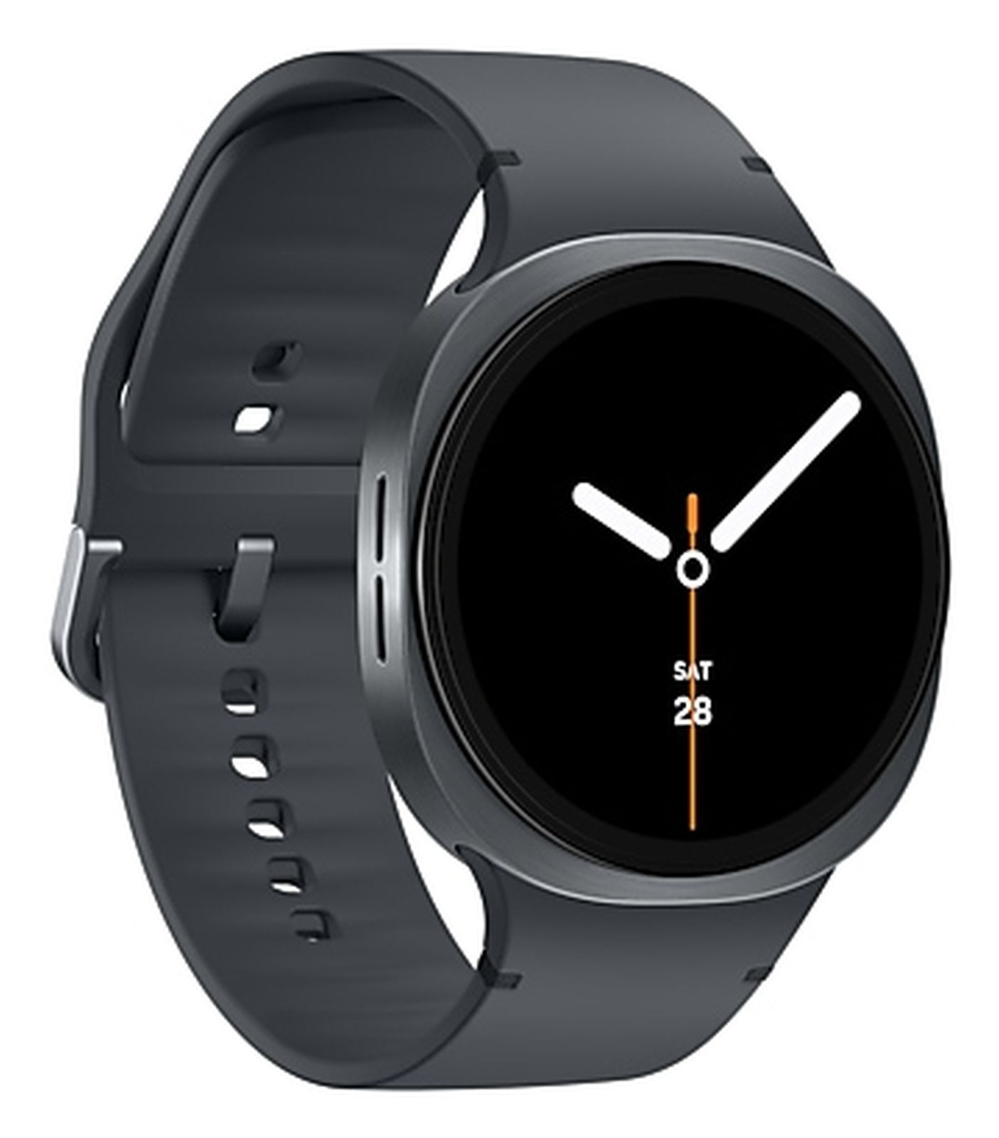 Eine dunkelgraue Smartwatch mit schwarzem Ziffernblatt. Die Zeiger zeigen die Uhrzeit an. Das Datum ist sichtbar.