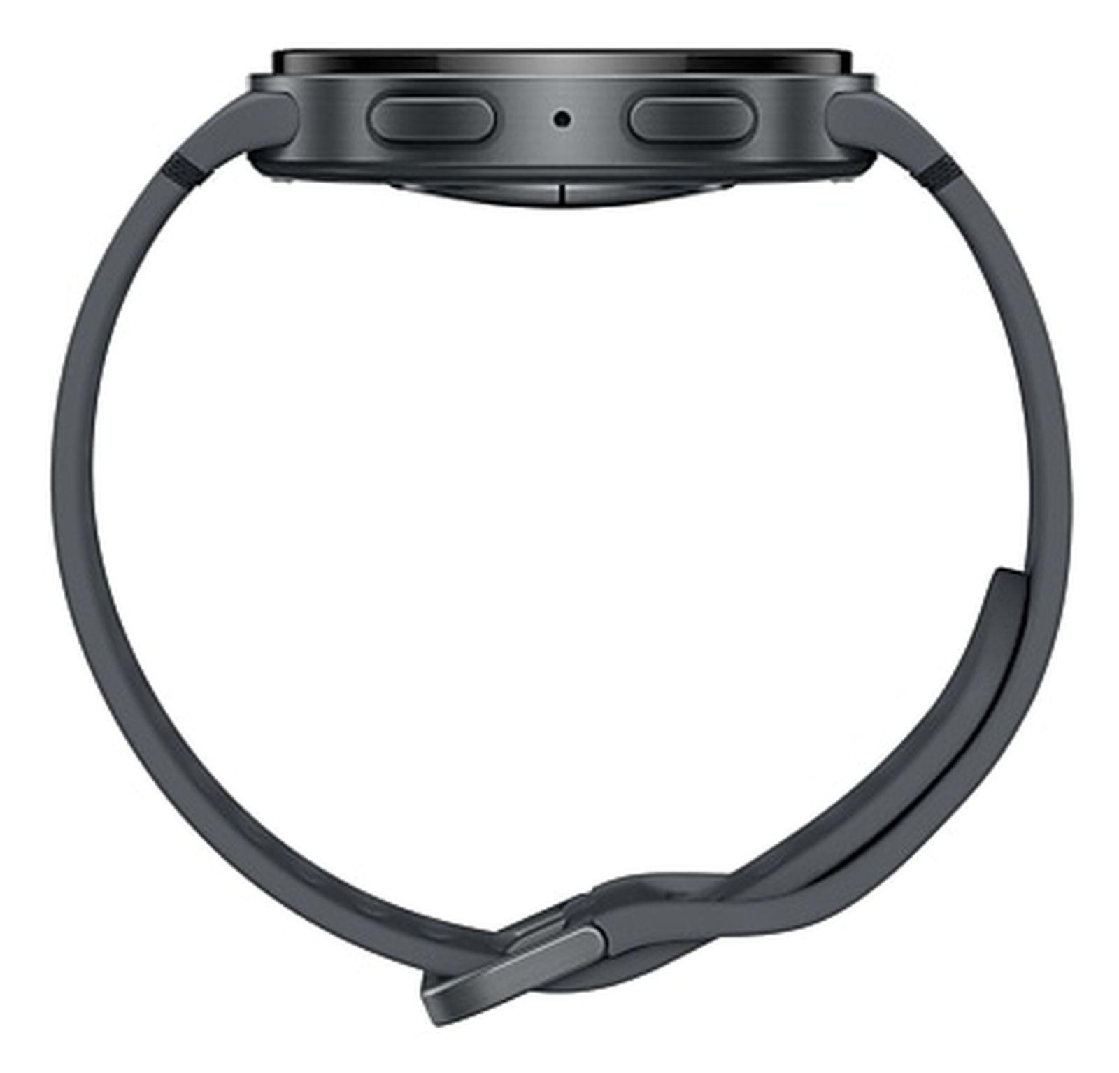 Eine dunkelgraue Smartwatch mit passendem Armband wird von der Seite gezeigt und zeigt das Zifferblatt und den Verschluss.