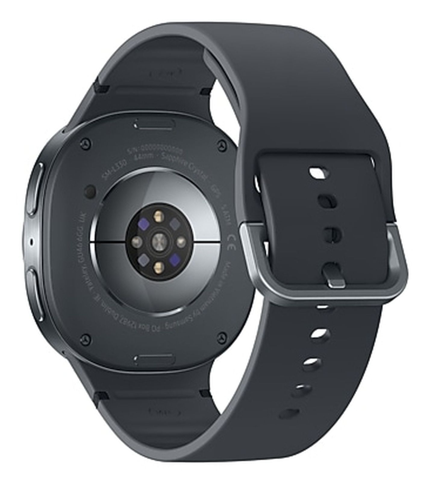 Dunkelgraue Smartwatch, Rückansicht. Sie hat ein schwarzes Armband, einen Herzfrequenzsensor und etwas Schrift.