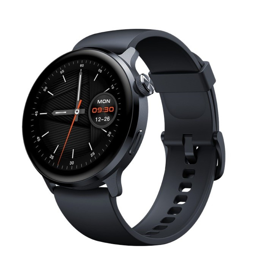 Uno smartwatch nero con quadrante rotondo mostra ora e data. L'orologio ha un cinturino nero e un pulsante argentato.