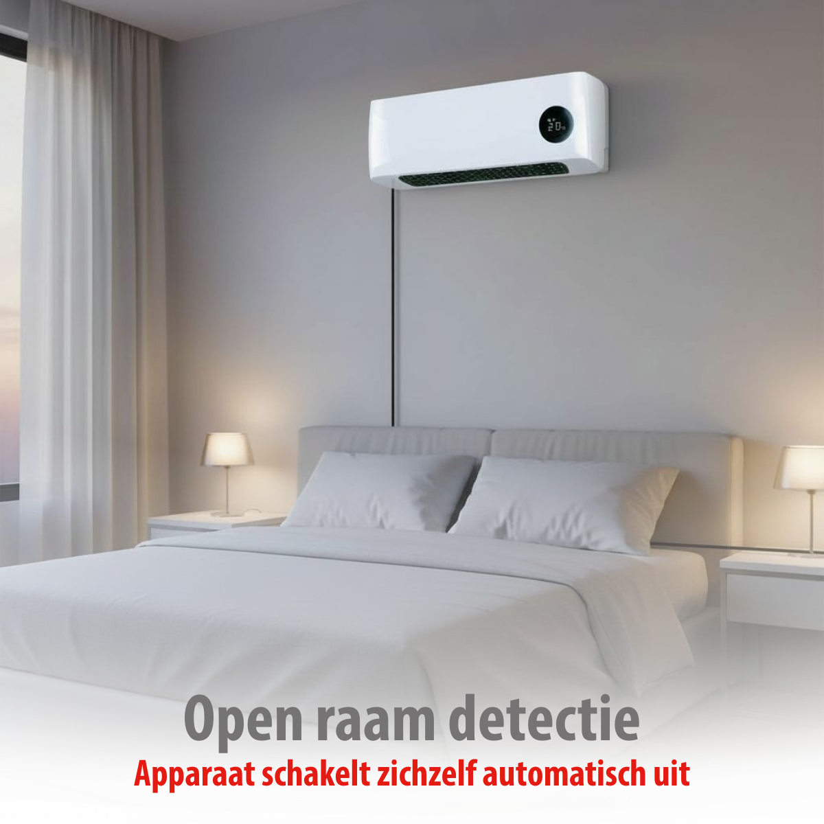 Camera da letto con letto, lampade e condizionatore bianco sul muro. Testo in basso: 'Open raam detectie' e 'Apparaat schakelt zichzelf automatisch uit'.