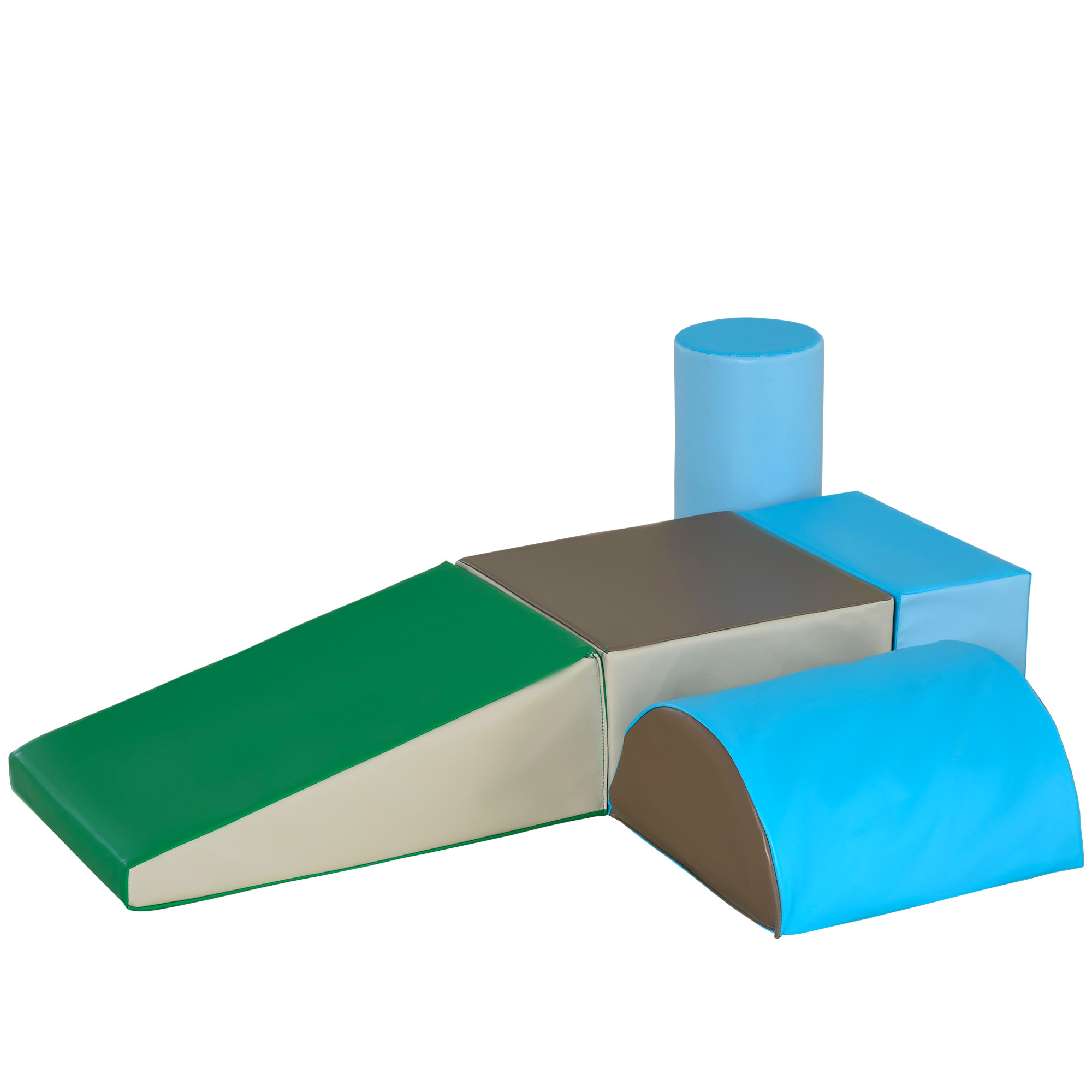 Un set da gioco in schiuma colorato. Include una rampa verde, un cilindro blu e varie forme geometriche.