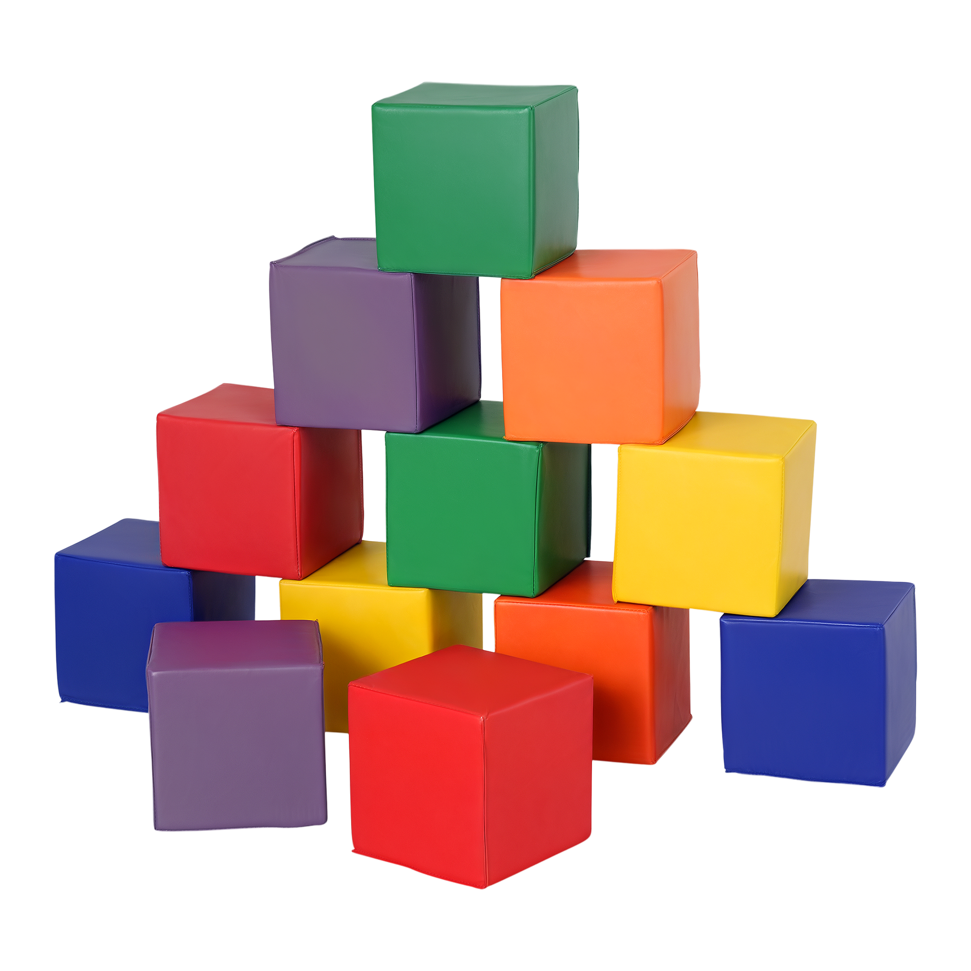 Una piramide di cubi colorati in verde, viola, arancione, giallo, rosso e blu. Sfondo bianco.