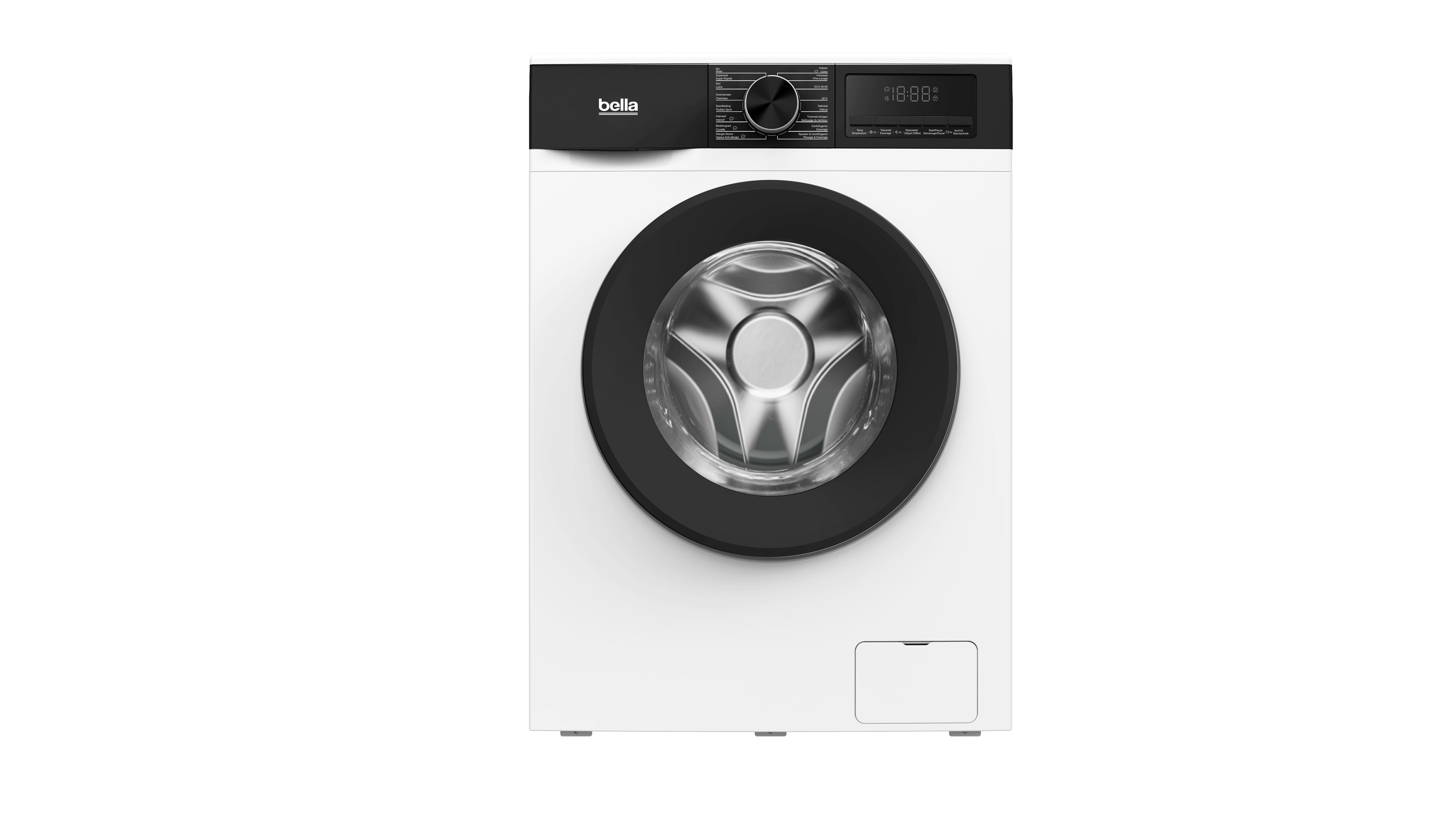 Een witte wasmachine met een zwarte deur en bedieningspaneel. Het display toont de tijd. De merknaam is Bella.