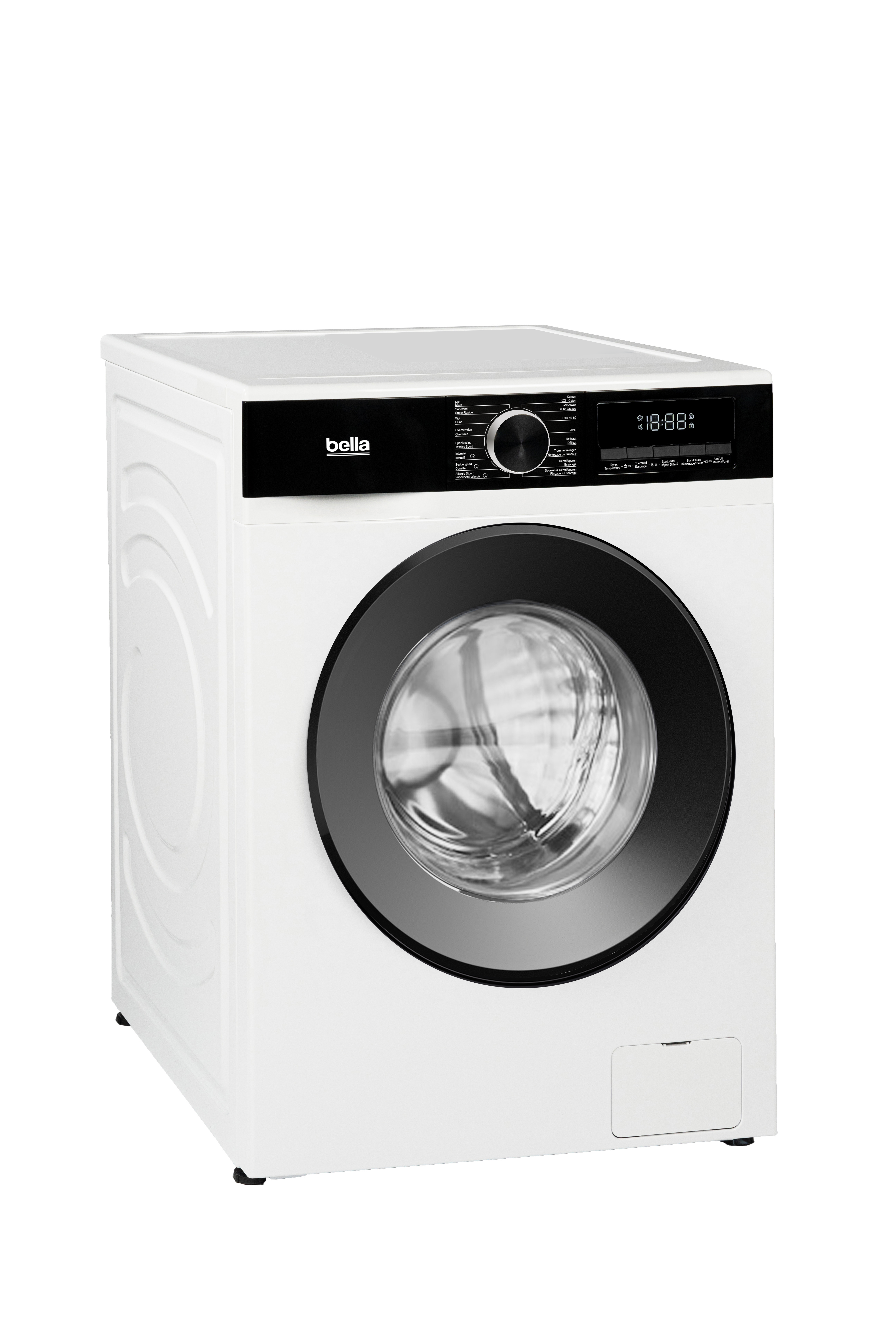 Een witte wasmachine met een zwart bedieningspaneel en deurframe. De deur is rond en toont de binnentrommel.