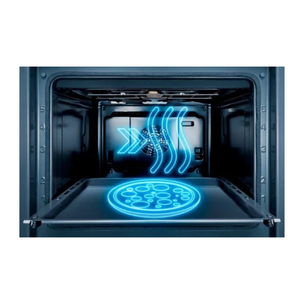 Wnętrze piekarnika z pizzą na tacy, z świecącą na niebiesko grafiką pokazującą przepływ ciepła i pizzę.