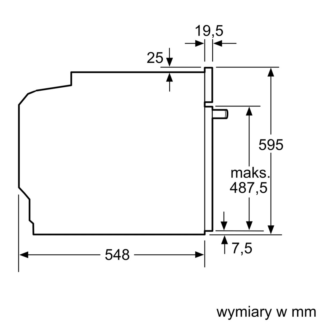 Schemat piekarnika z wymiarami w mm: 548, 595, 19,5, 25, 7,5 i 487,5. Tekst: wymiary w mm, maks.