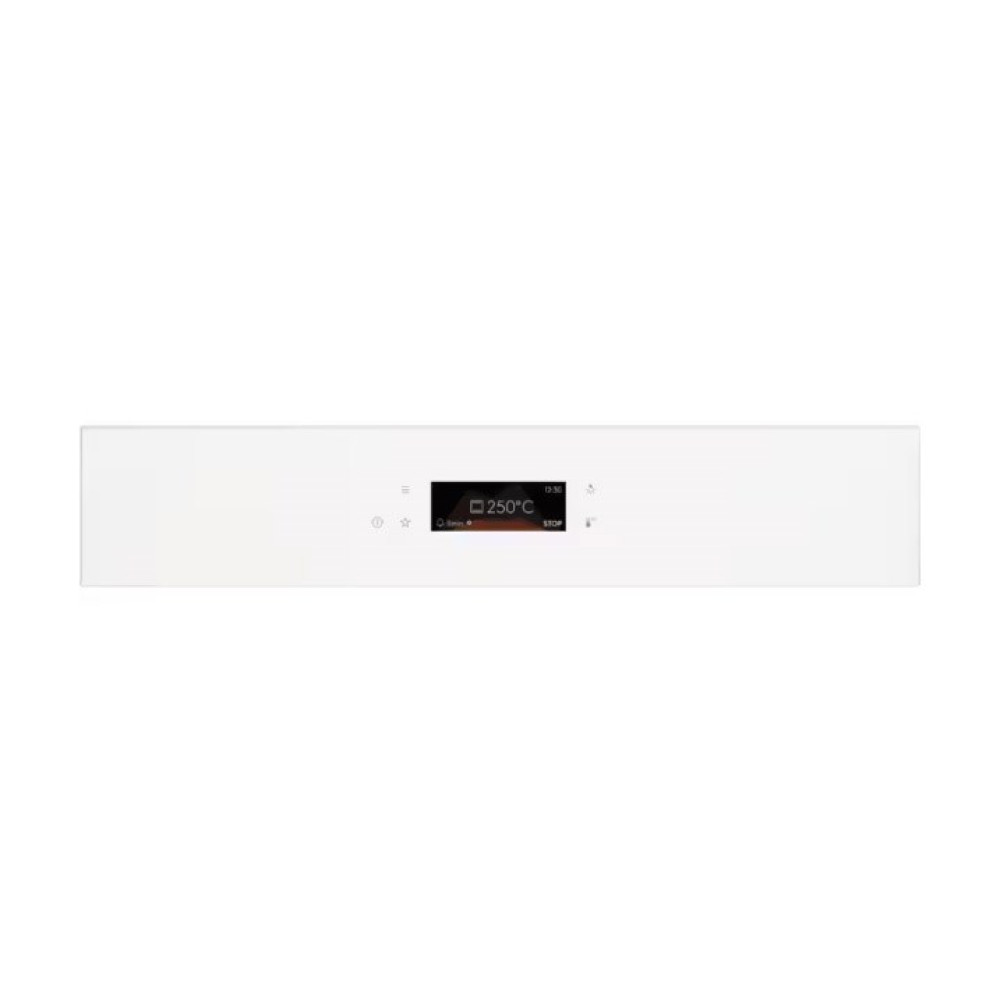 Un pannello bianco del forno con display digitale che mostra 250°C. Pulsanti e icone circondano lo schermo. Il pannello è rettangolare.