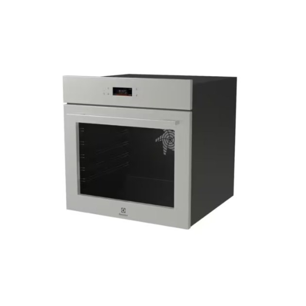 Un forno moderno, frontale grigio-bianco con porta a vetro, interno nero. Display digitale in alto. Lato e parte superiore grigio scuro.