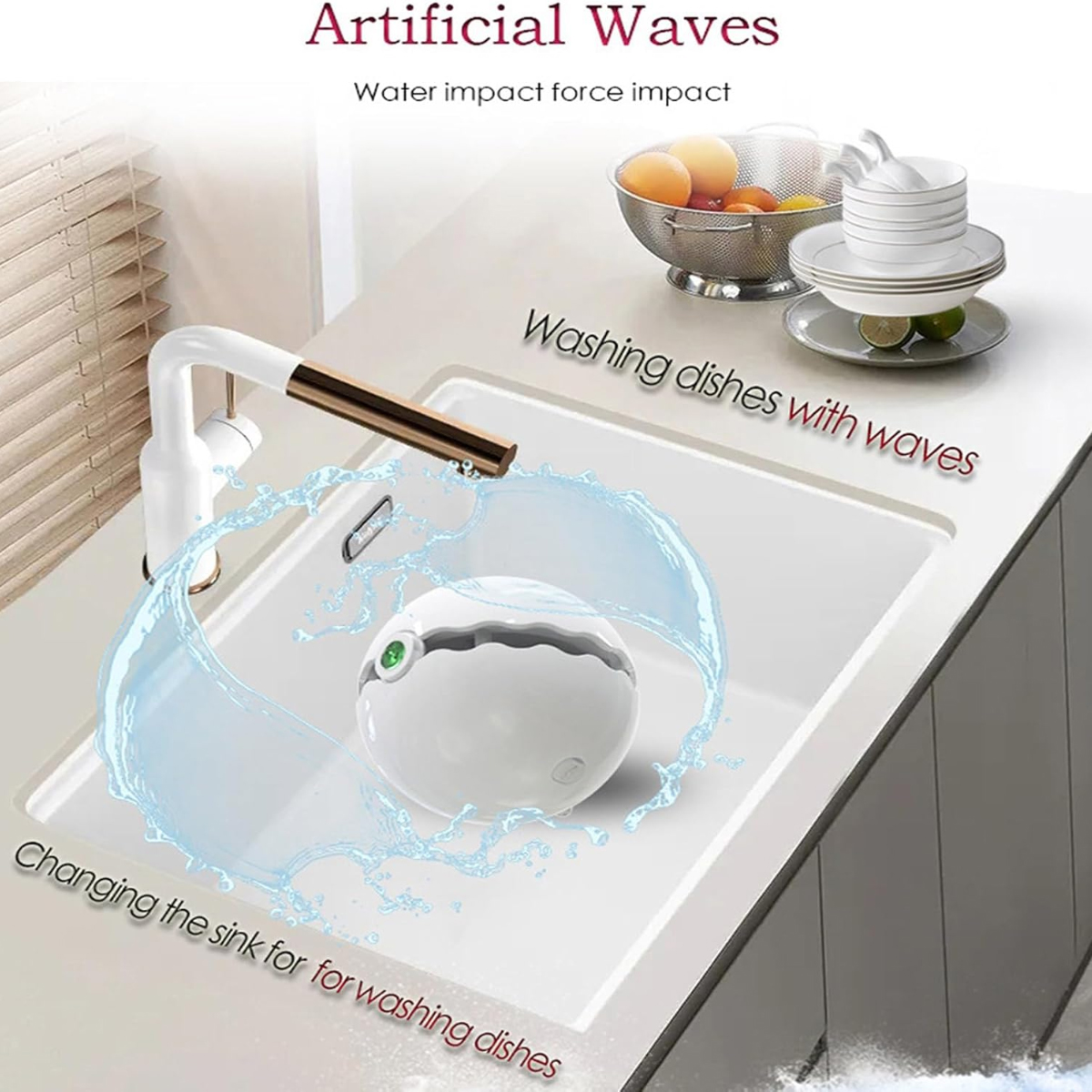 Ein weißes Waschbecken mit Wasserstrahl, einem weißen Ball und einem Wasserhahn. Geschirr und Früchte liegen daneben. Text sagt "Artificial Waves".